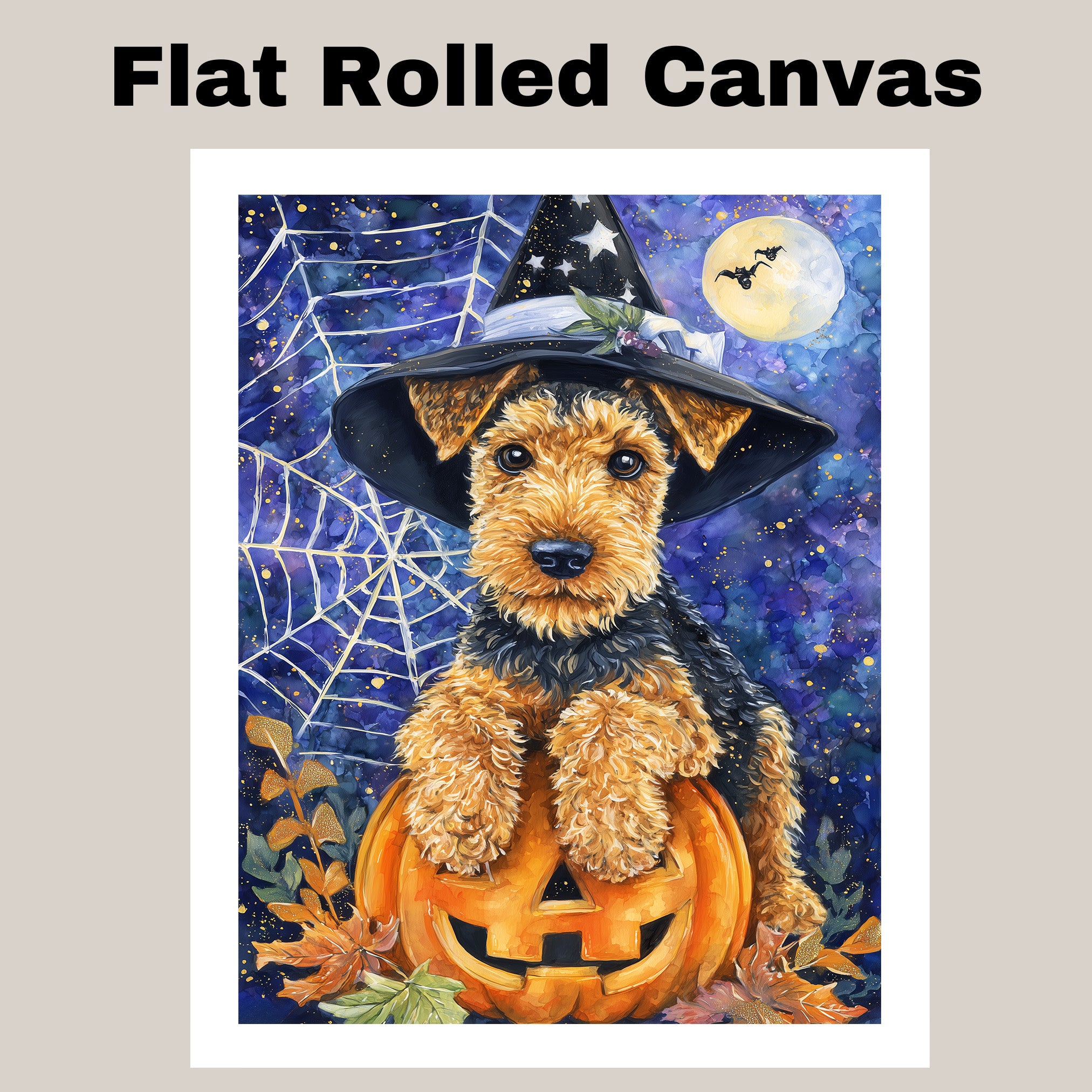Airedale Terrier Dog Canvas for Pet Mom's Halloween Gifts for Home Décor for Autumn Dog with Witch Hat on Ready to Hang 1.5" Thick Canvas Wrap, Floating Framed Canvas, Flat Rolled Canvas