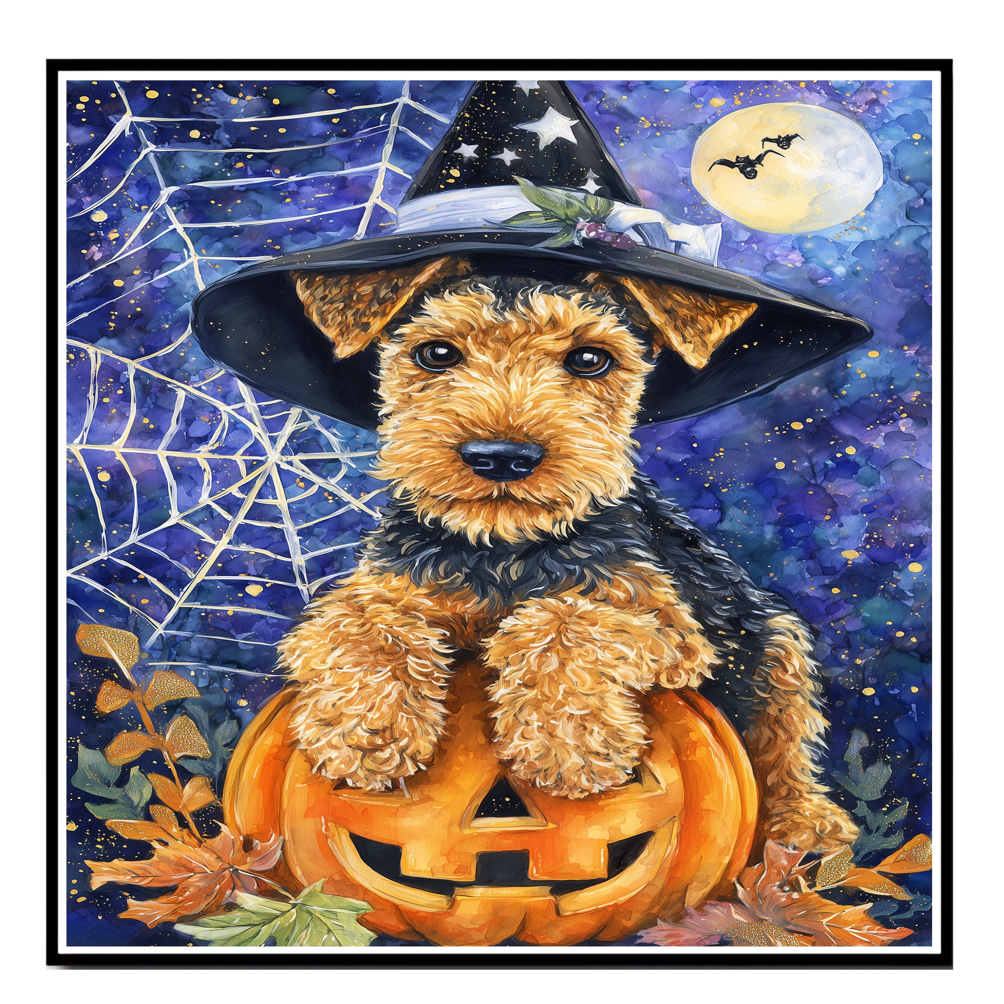 Airedale Terrier Dog Canvas for Pet Mom's Halloween Gifts for Home Décor for Autumn Dog with Witch Hat on Ready to Hang 1.5" Thick Canvas Wrap, Floating Framed Canvas, Flat Rolled Canvas