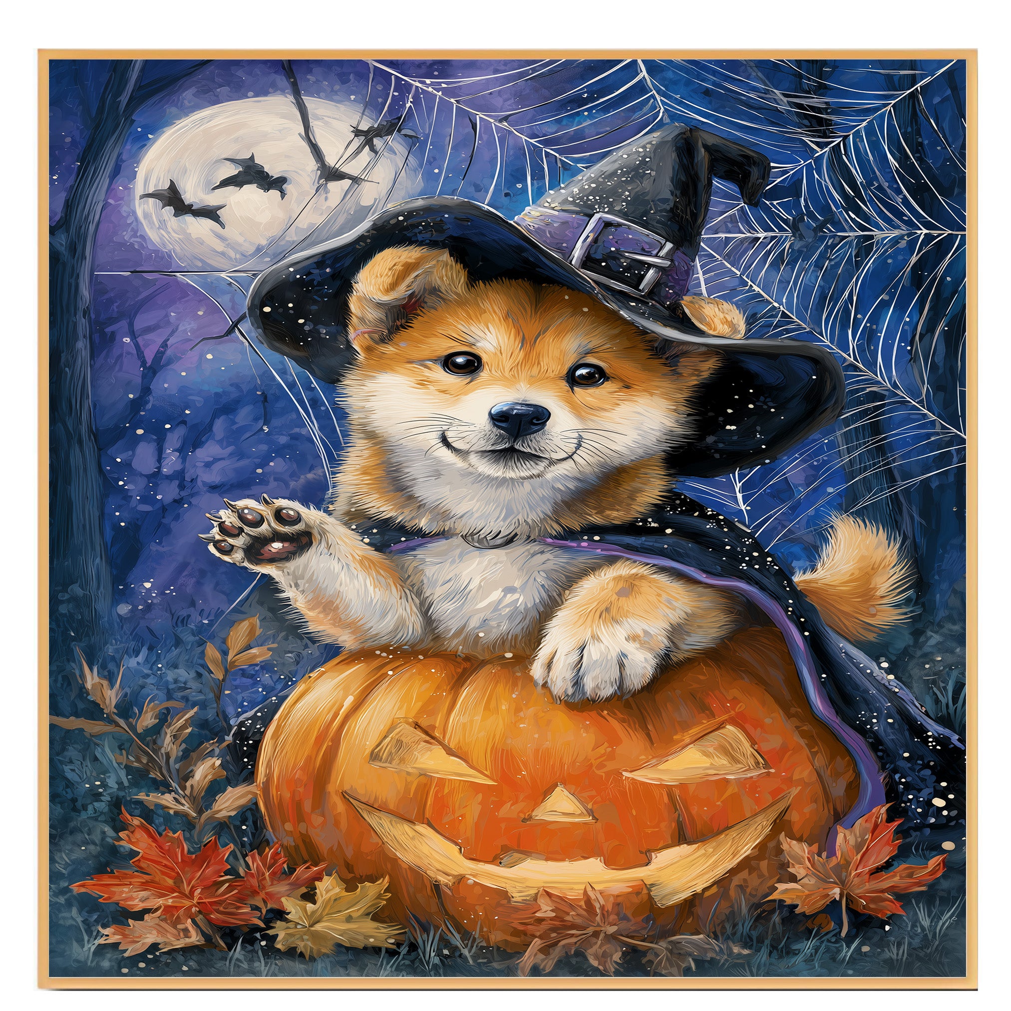 Halloween Puppy Canvas Print Akita Dog Wall Art for Pet Lover Decoration for Home or Haunted Party on Ready to Hang 1.5" Thick Canvas Wrap, Floating Framed Canvas, Flat Rolled Canvas