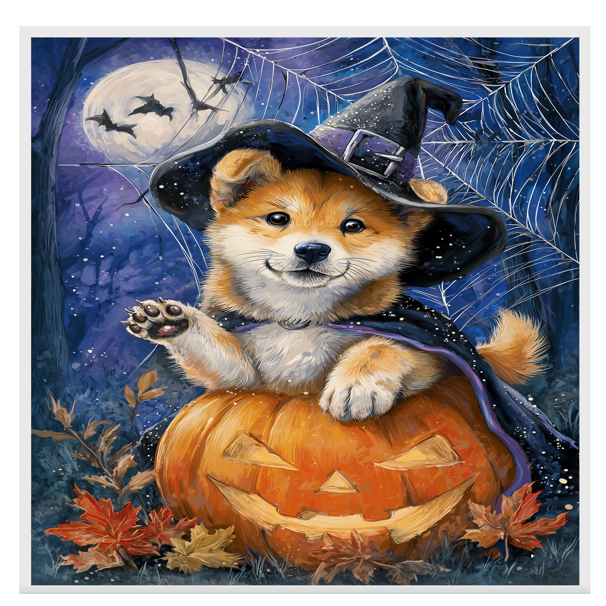 Halloween Puppy Canvas Print Akita Dog Wall Art for Pet Lover Decoration for Home or Haunted Party on Ready to Hang 1.5" Thick Canvas Wrap, Floating Framed Canvas, Flat Rolled Canvas