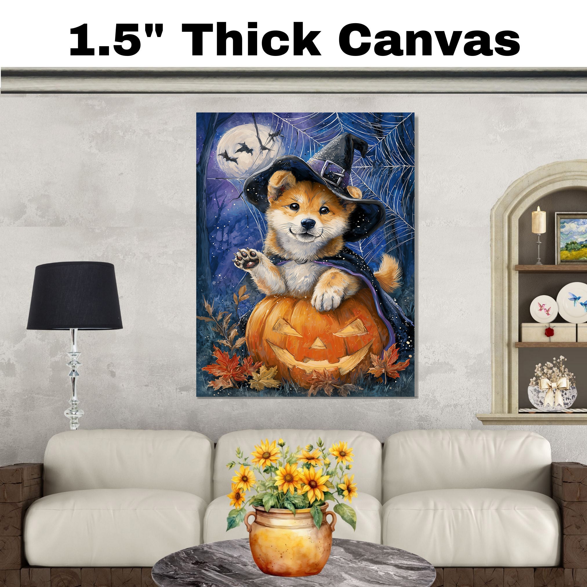 Halloween Puppy Canvas Print Akita Dog Wall Art for Pet Lover Decoration for Home or Haunted Party on Ready to Hang 1.5" Thick Canvas Wrap, Floating Framed Canvas, Flat Rolled Canvas