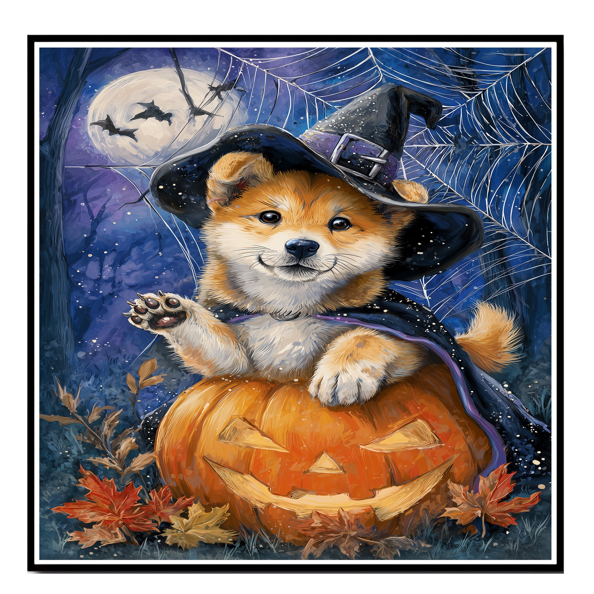 Halloween Puppy Canvas Print Akita Dog Wall Art for Pet Lover Decoration for Home or Haunted Party on Ready to Hang 1.5" Thick Canvas Wrap, Floating Framed Canvas, Flat Rolled Canvas