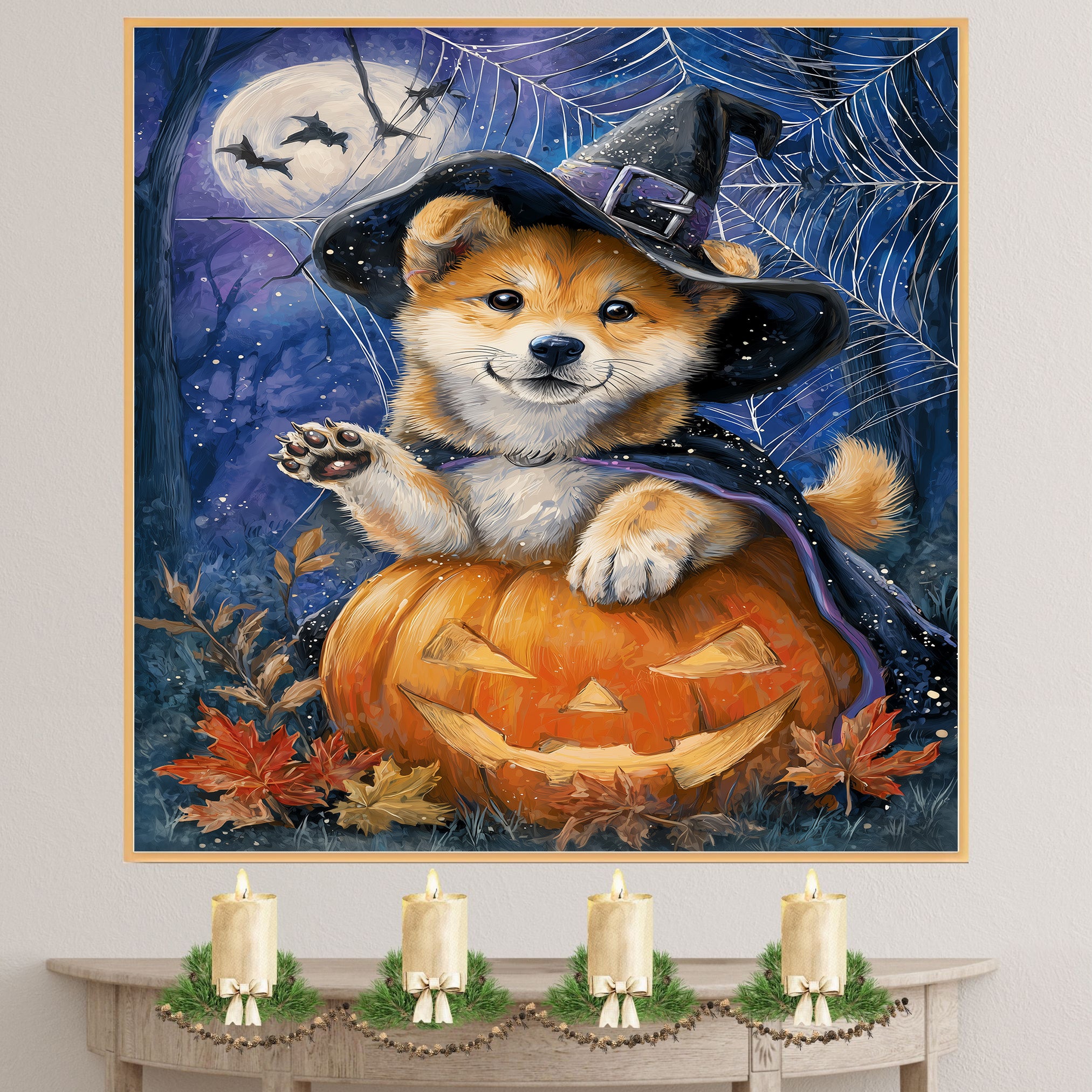 Halloween Puppy Canvas Print Akita Dog Wall Art for Pet Lover Decoration for Home or Haunted Party on Ready to Hang 1.5" Thick Canvas Wrap, Floating Framed Canvas, Flat Rolled Canvas