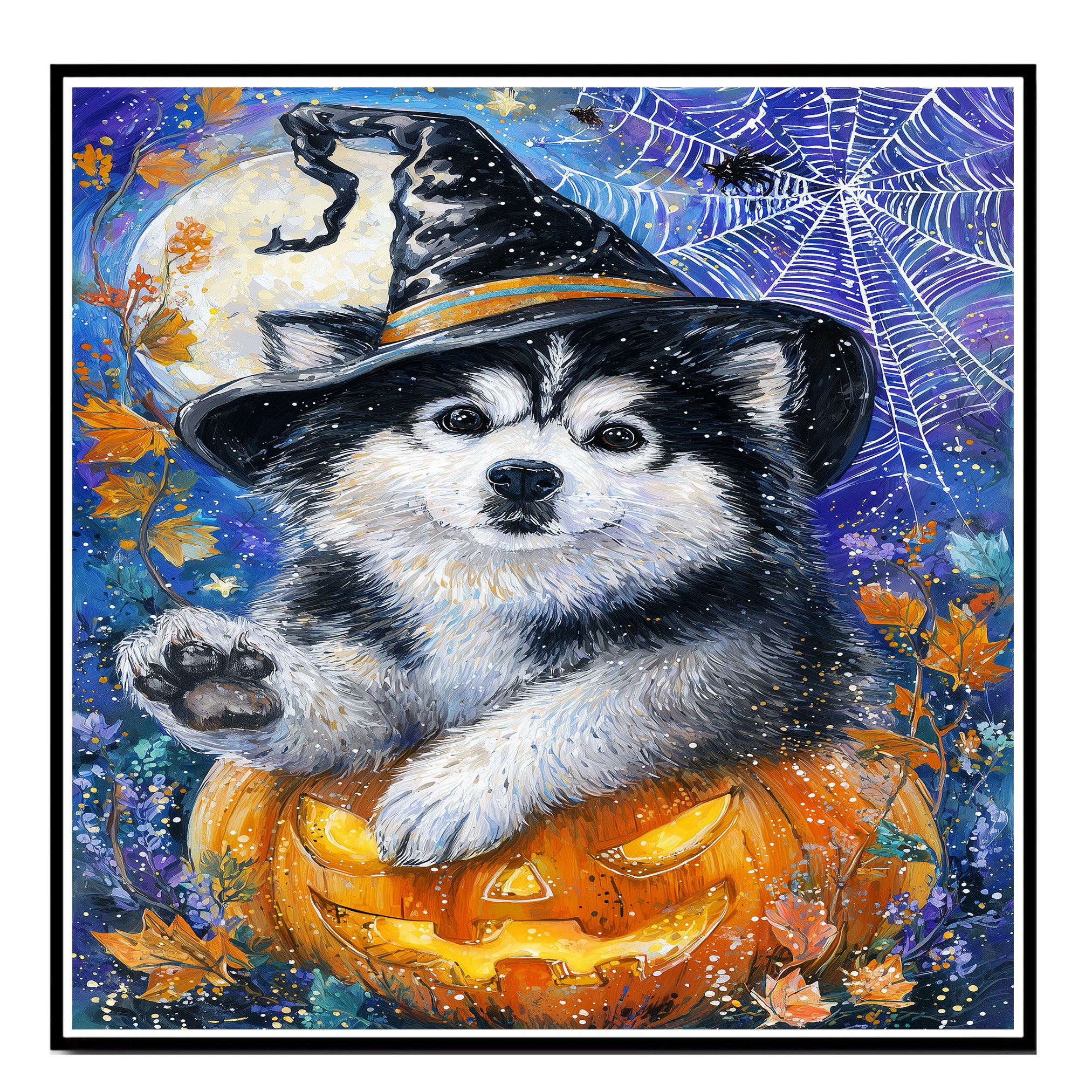 Alaskan Malamute Puppy Canvas Art Dog with Pumpkin Cobweb Canvas Print for Halloween Decorations for Home Porch on Ready to Hang 1.5" Thick Canvas Wrap, Floating Framed Canvas, Flat Rolled Canvas