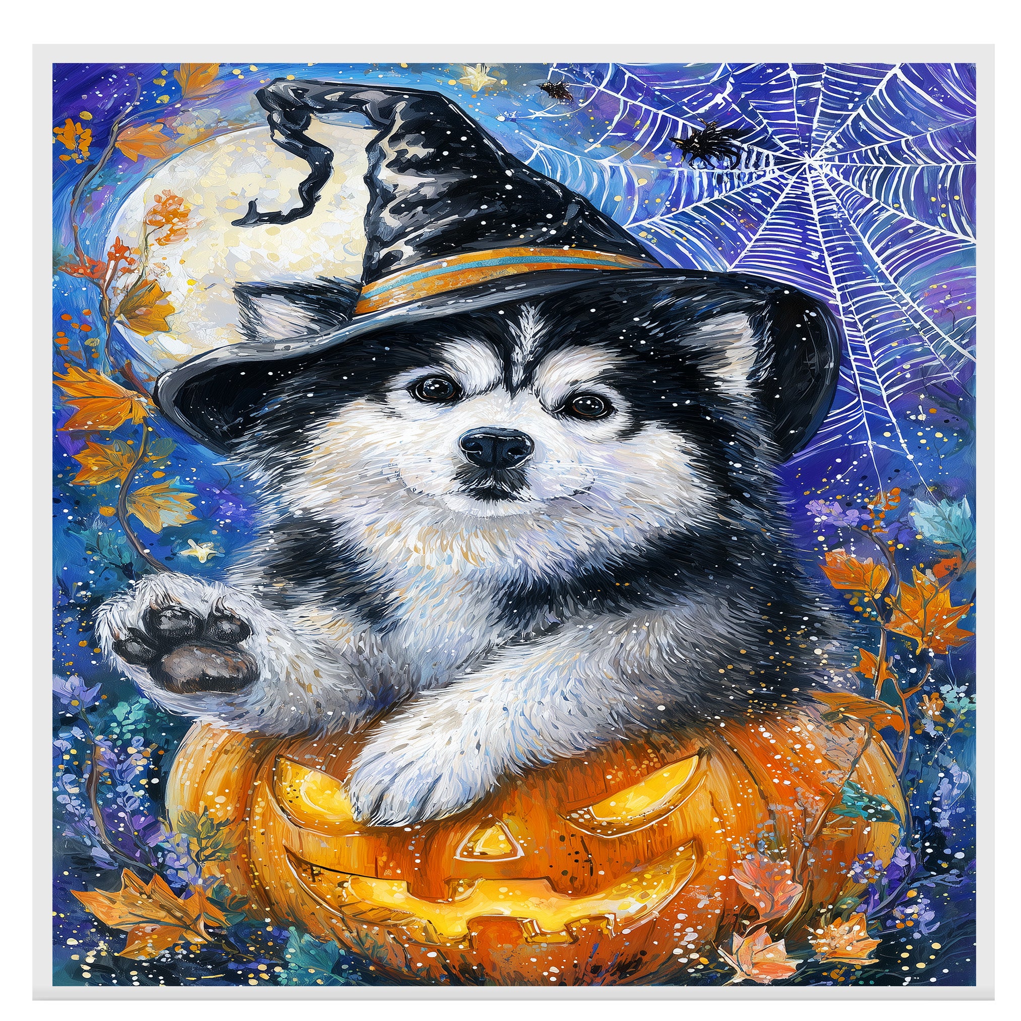 Alaskan Malamute Puppy Canvas Art Dog with Pumpkin Cobweb Canvas Print for Halloween Decorations for Home Porch on Ready to Hang 1.5" Thick Canvas Wrap, Floating Framed Canvas, Flat Rolled Canvas