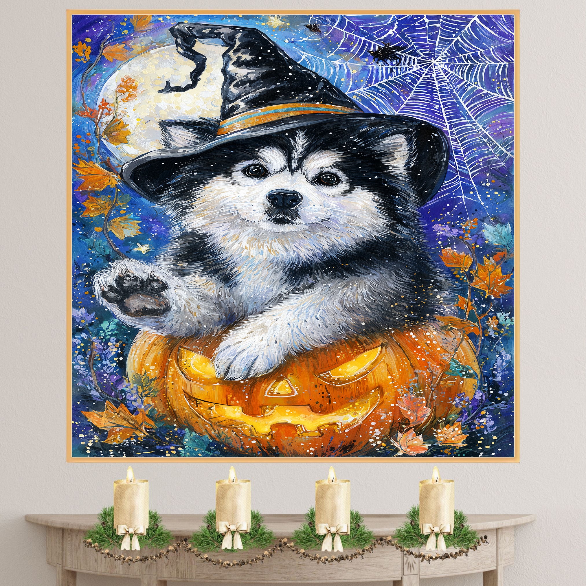 Alaskan Malamute Puppy Canvas Art Dog with Pumpkin Cobweb Canvas Print for Halloween Decorations for Home Porch on Ready to Hang 1.5" Thick Canvas Wrap, Floating Framed Canvas, Flat Rolled Canvas