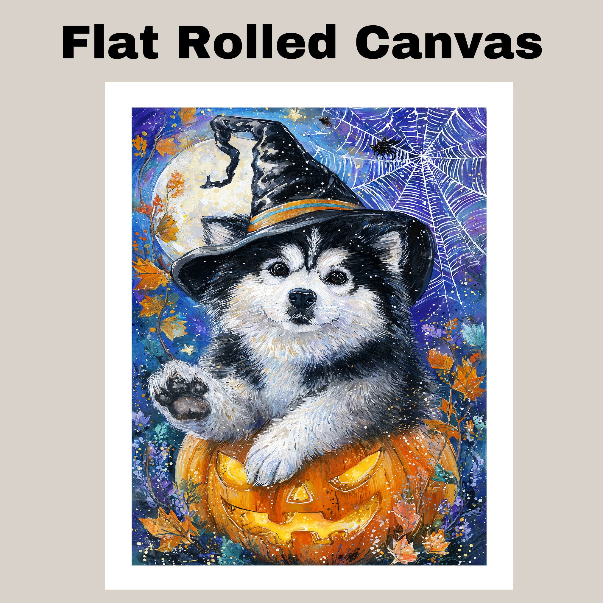 Alaskan Malamute Puppy Canvas Art Dog with Pumpkin Cobweb Canvas Print for Halloween Decorations for Home Porch on Ready to Hang 1.5" Thick Canvas Wrap, Floating Framed Canvas, Flat Rolled Canvas