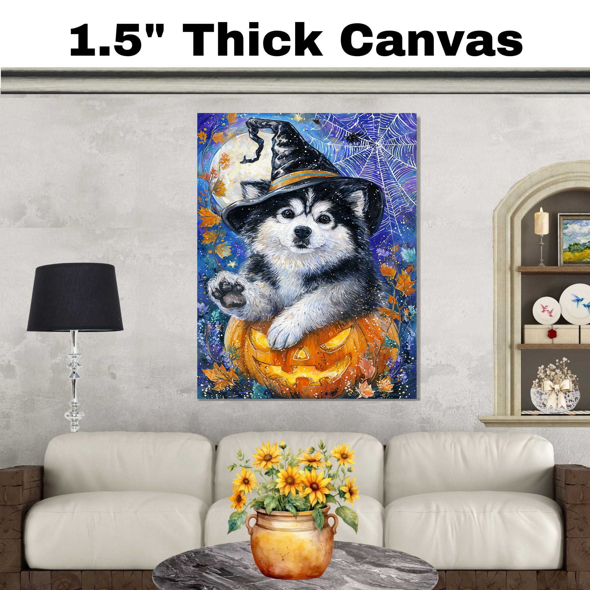 Alaskan Malamute Puppy Canvas Art Dog with Pumpkin Cobweb Canvas Print for Halloween Decorations for Home Porch on Ready to Hang 1.5" Thick Canvas Wrap, Floating Framed Canvas, Flat Rolled Canvas