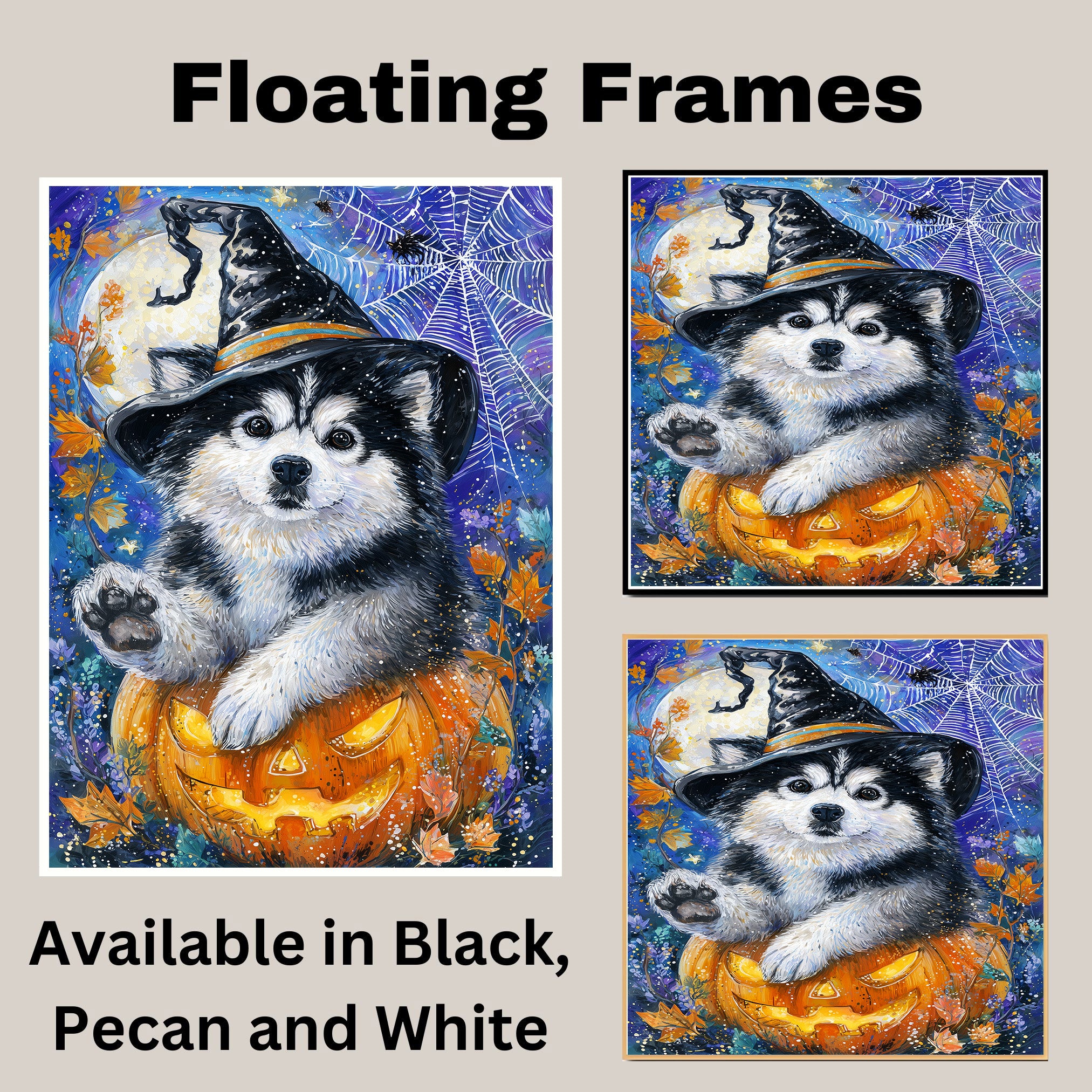 Alaskan Malamute Puppy Canvas Art Dog with Pumpkin Cobweb Canvas Print for Halloween Decorations for Home Porch on Ready to Hang 1.5" Thick Canvas Wrap, Floating Framed Canvas, Flat Rolled Canvas