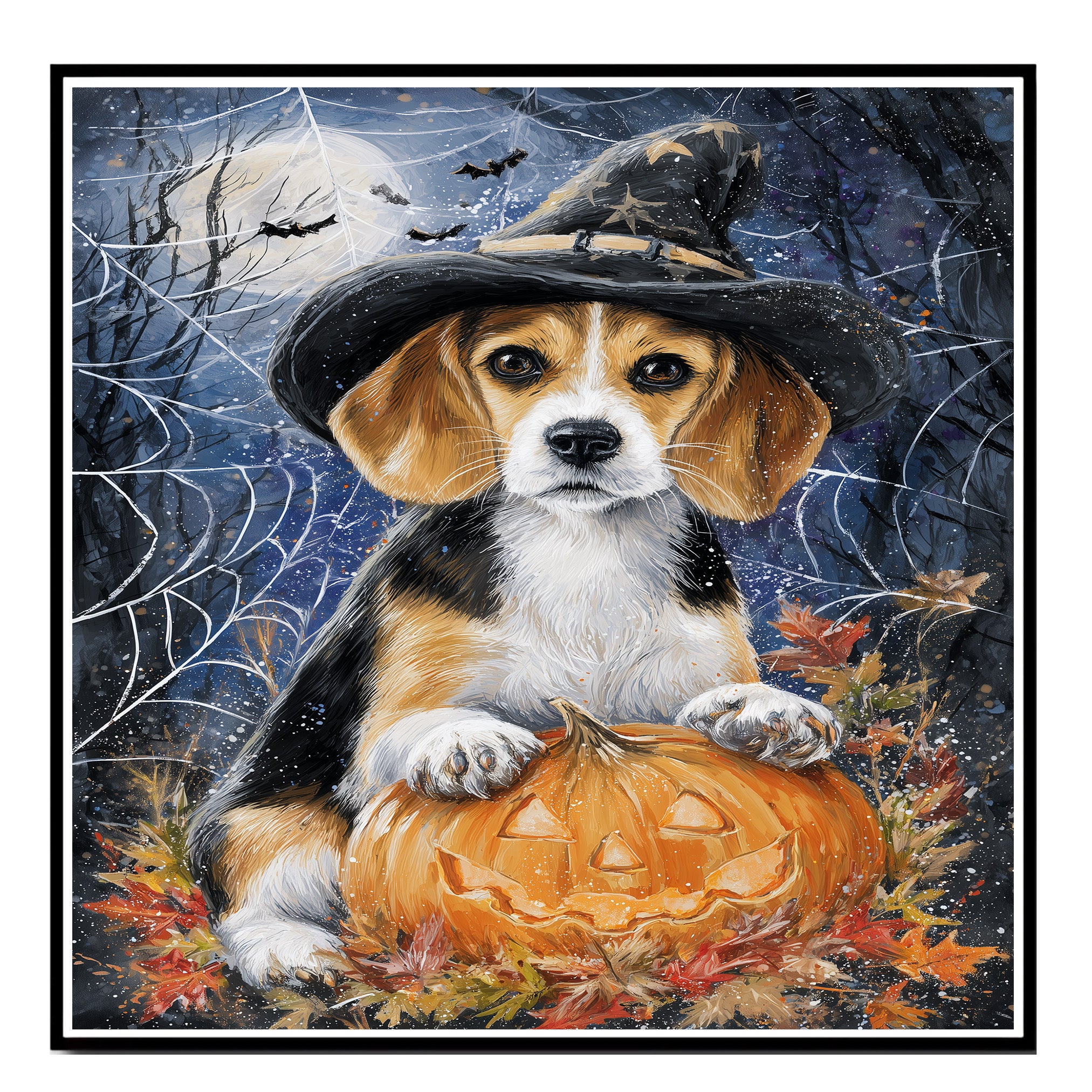 Beagle Dog Spooky Halloween Canvas for Rustic Home Decor Pumpkin Spider Web Maple Leaves Decorations for Farmhouse on Ready to Hang 1.5" Thick Canvas Wrap, Floating Framed Canvas, Flat Rolled Canvas