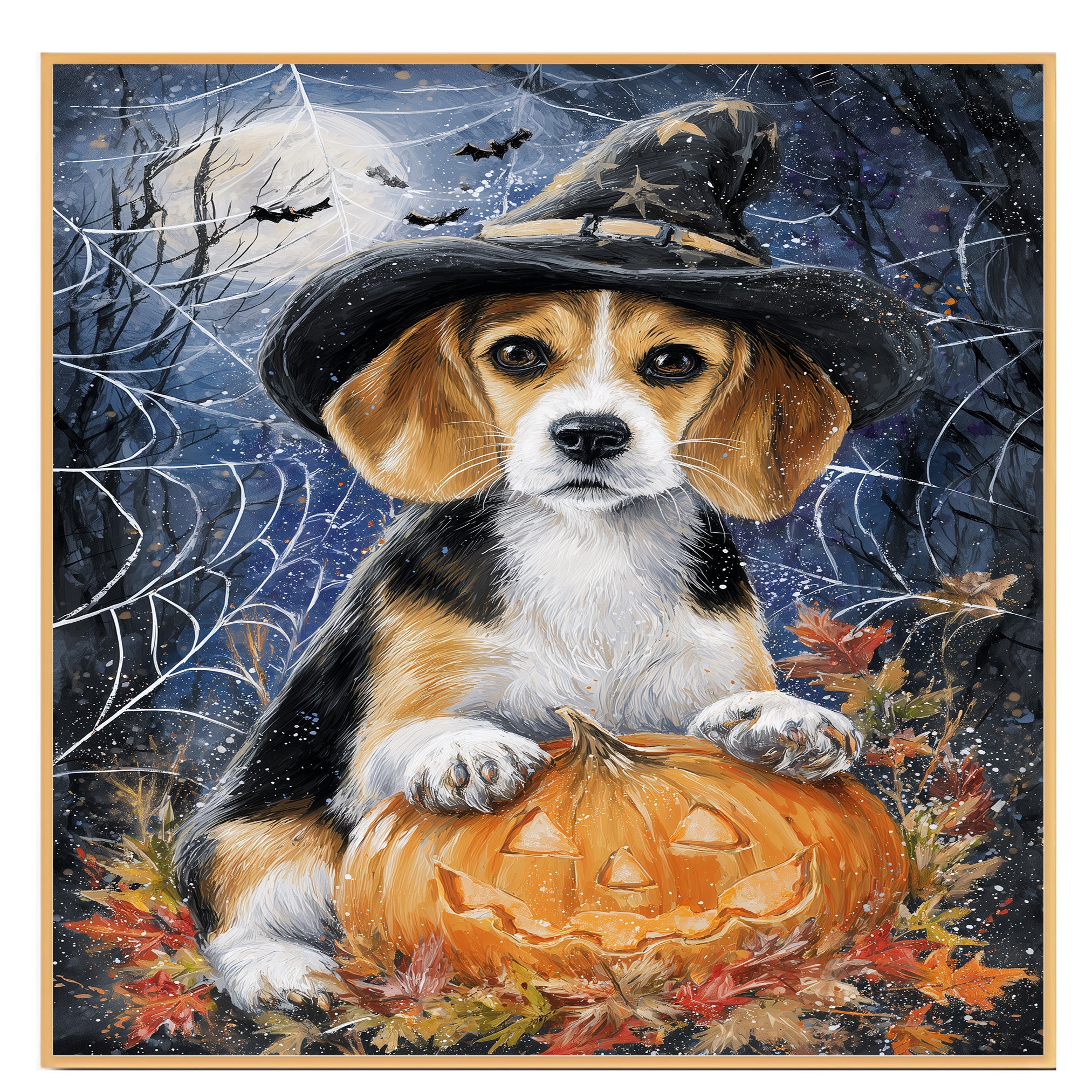 Beagle Dog Spooky Halloween Canvas for Rustic Home Decor Pumpkin Spider Web Maple Leaves Decorations for Farmhouse on Ready to Hang 1.5" Thick Canvas Wrap, Floating Framed Canvas, Flat Rolled Canvas