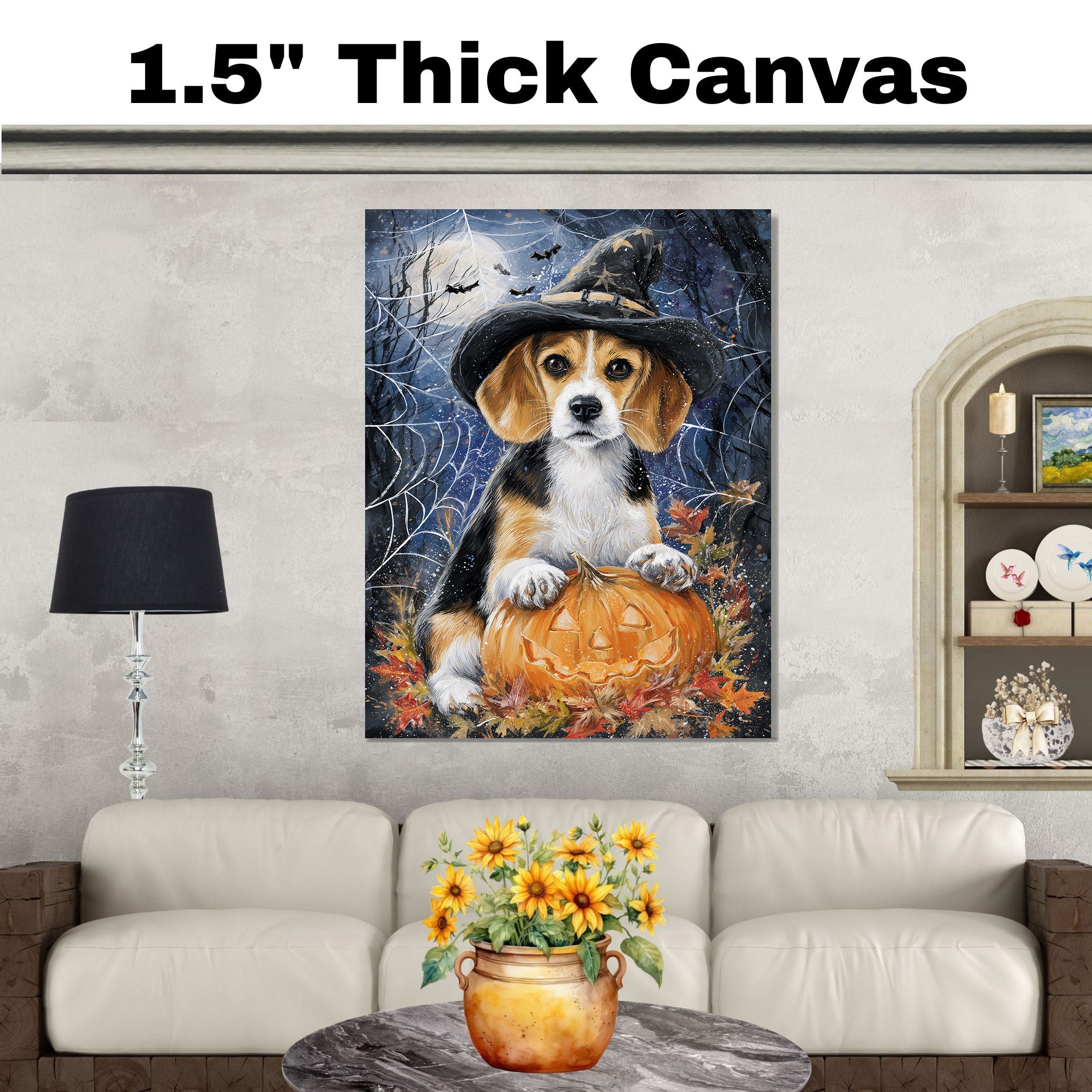 Beagle Dog Spooky Halloween Canvas for Rustic Home Decor Pumpkin Spider Web Maple Leaves Decorations for Farmhouse on Ready to Hang 1.5" Thick Canvas Wrap, Floating Framed Canvas, Flat Rolled Canvas