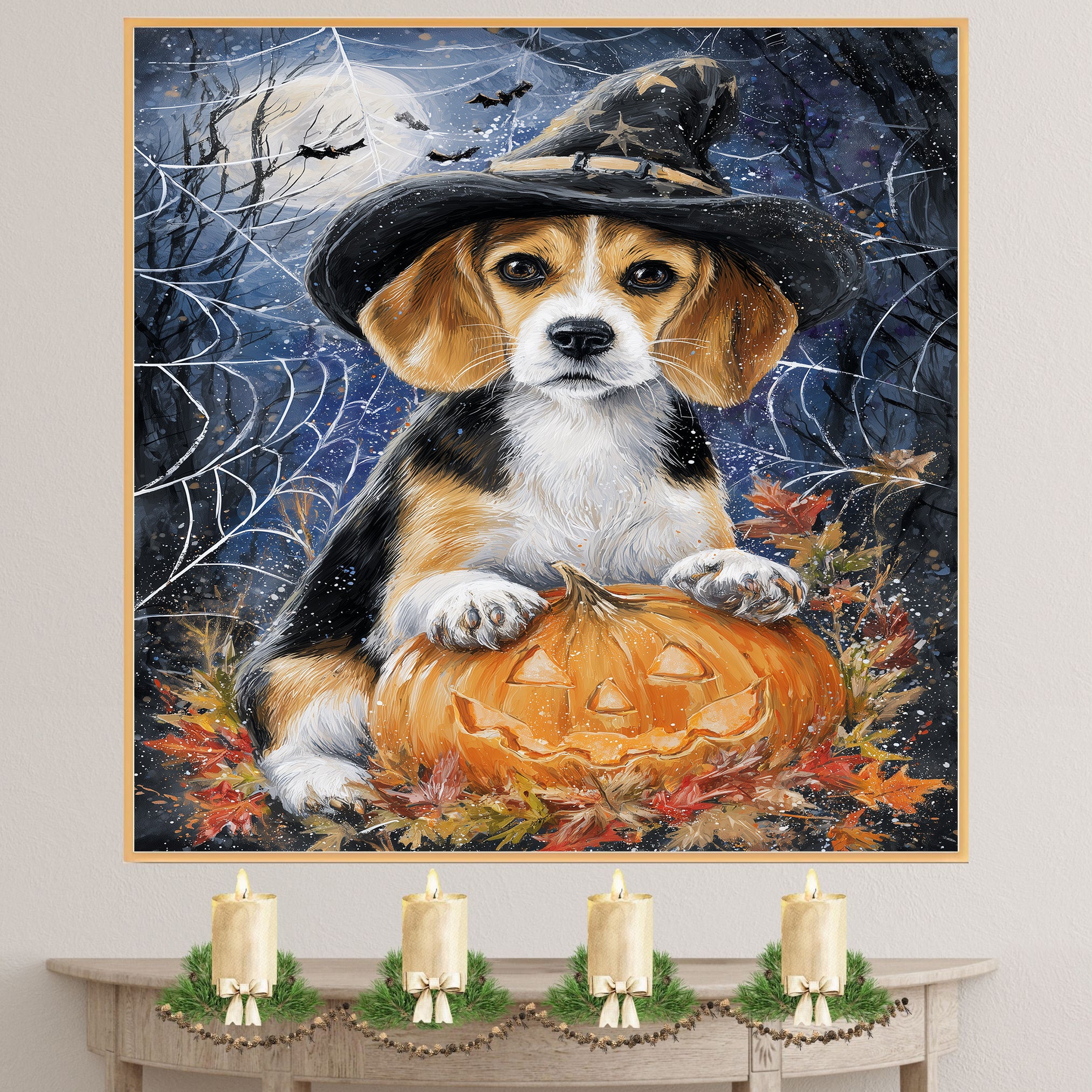 Beagle Dog Spooky Halloween Canvas for Rustic Home Decor Pumpkin Spider Web Maple Leaves Decorations for Farmhouse on Ready to Hang 1.5" Thick Canvas Wrap, Floating Framed Canvas, Flat Rolled Canvas