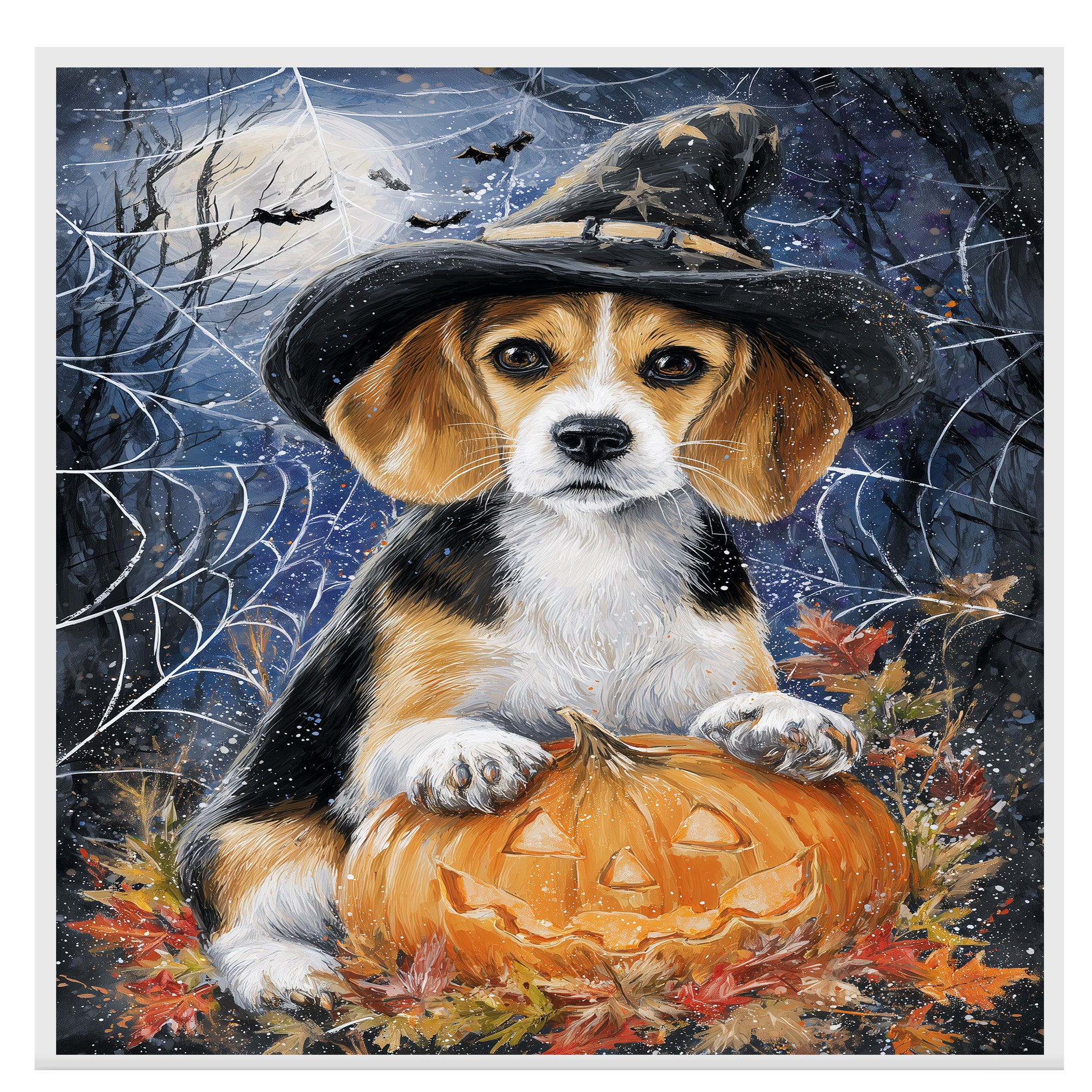 Beagle Dog Spooky Halloween Canvas for Rustic Home Decor Pumpkin Spider Web Maple Leaves Decorations for Farmhouse on Ready to Hang 1.5" Thick Canvas Wrap, Floating Framed Canvas, Flat Rolled Canvas
