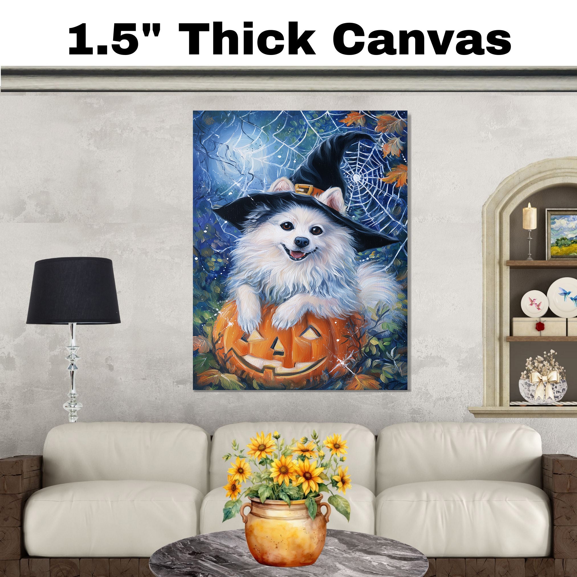 Autumn American Eskimo Wall Art Dog Seasonal Fall Home Decorations Dog Lover Gifts for Women on Ready to Hang 1.5" Thick Canvas Wrap, Floating Framed Canvas, Flat Rolled Canvas