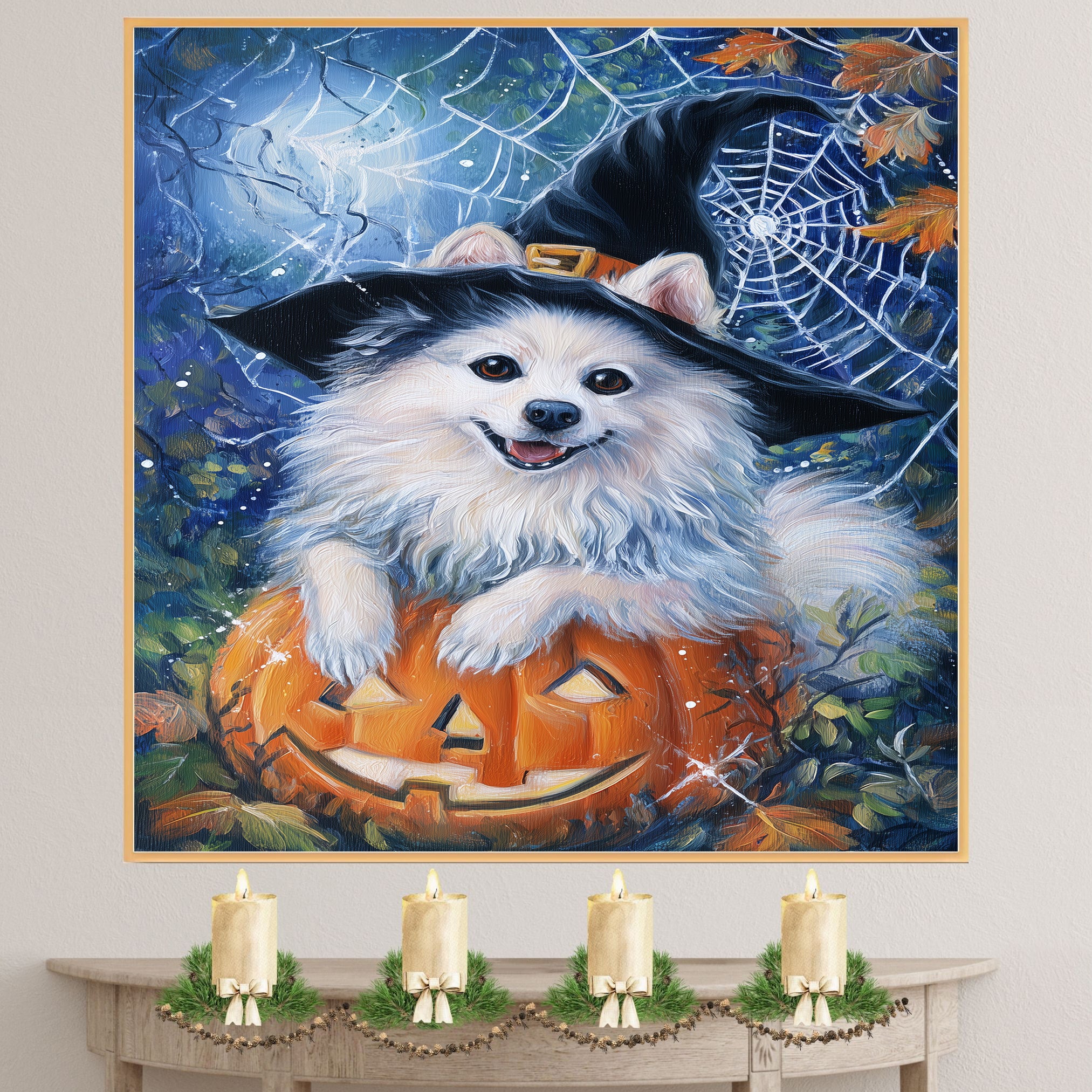 Autumn American Eskimo Wall Art Dog Seasonal Fall Home Decorations Dog Lover Gifts for Women on Ready to Hang 1.5" Thick Canvas Wrap, Floating Framed Canvas, Flat Rolled Canvas