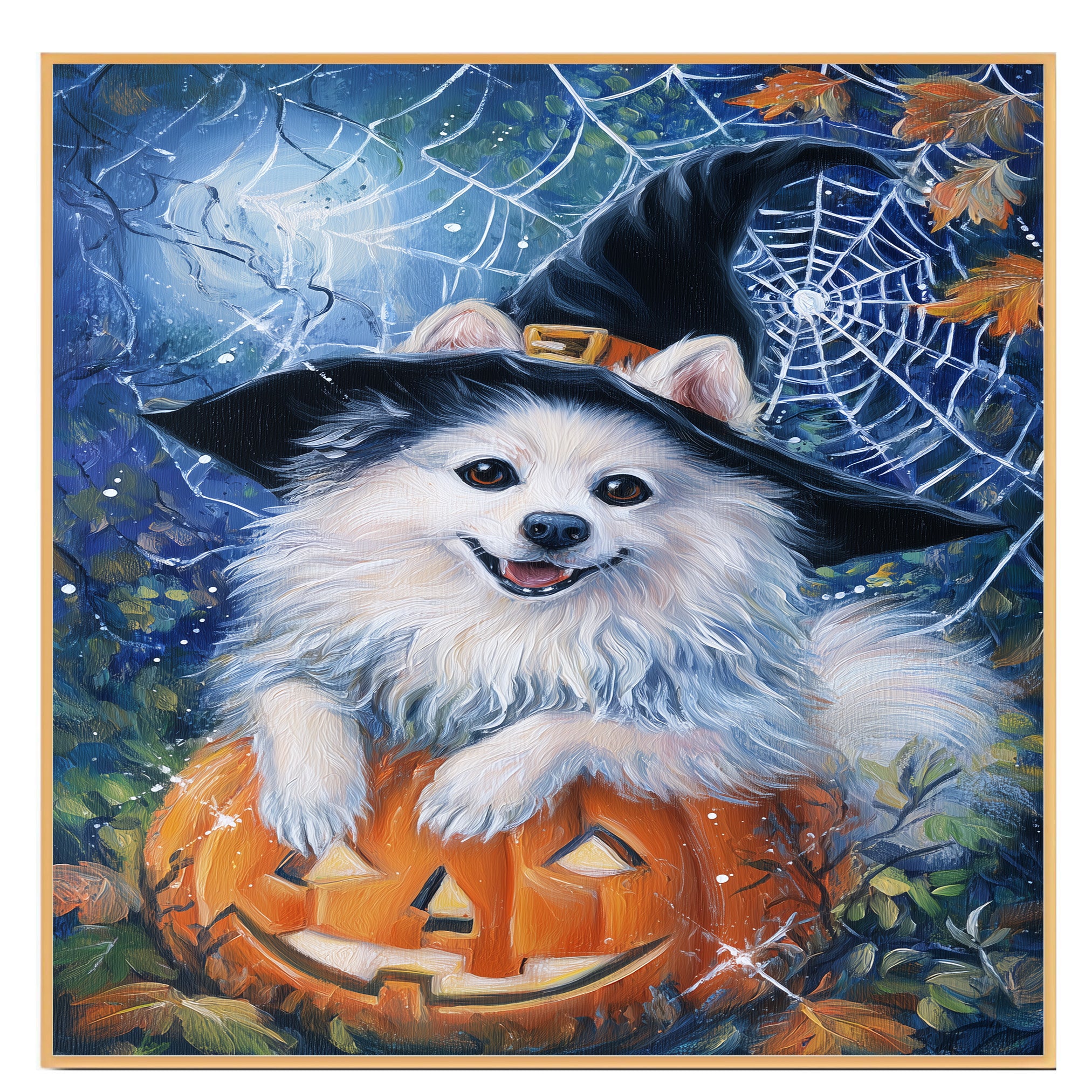 Autumn American Eskimo Wall Art Dog Seasonal Fall Home Decorations Dog Lover Gifts for Women on Ready to Hang 1.5" Thick Canvas Wrap, Floating Framed Canvas, Flat Rolled Canvas
