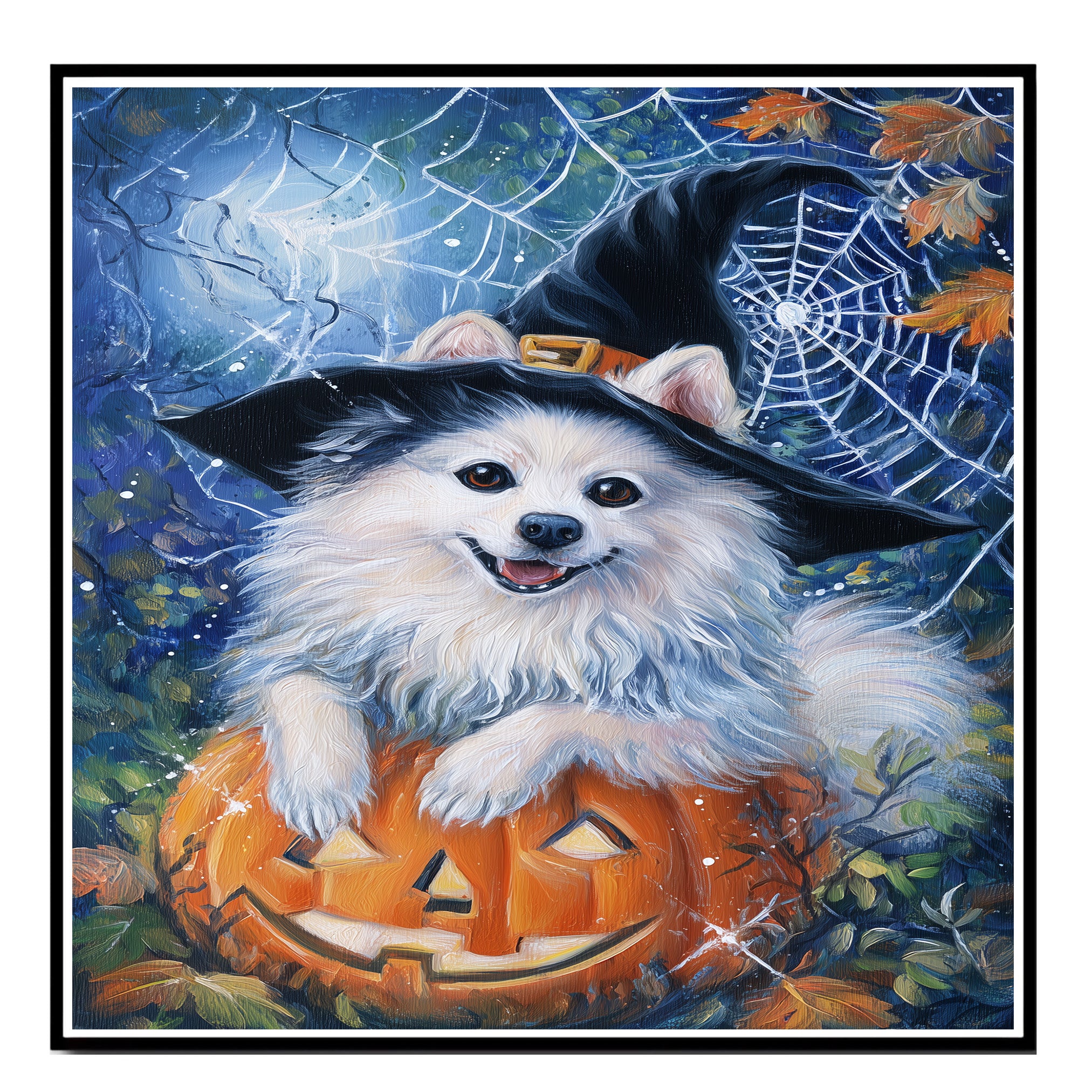 Autumn American Eskimo Wall Art Dog Seasonal Fall Home Decorations Dog Lover Gifts for Women on Ready to Hang 1.5" Thick Canvas Wrap, Floating Framed Canvas, Flat Rolled Canvas