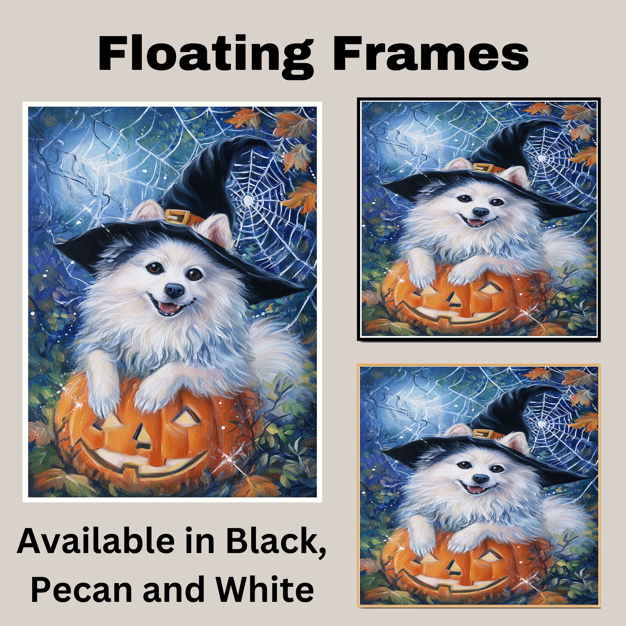 Autumn American Eskimo Wall Art Dog Seasonal Fall Home Decorations Dog Lover Gifts for Women on Ready to Hang 1.5" Thick Canvas Wrap, Floating Framed Canvas, Flat Rolled Canvas
