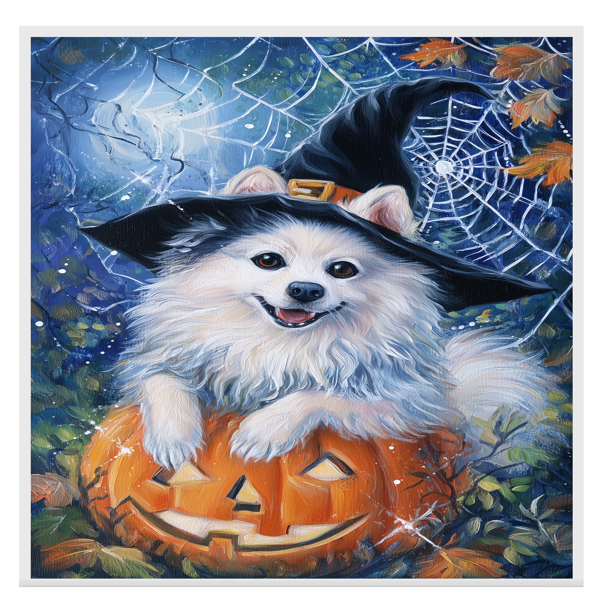 Autumn American Eskimo Wall Art Dog Seasonal Fall Home Decorations Dog Lover Gifts for Women on Ready to Hang 1.5" Thick Canvas Wrap, Floating Framed Canvas, Flat Rolled Canvas