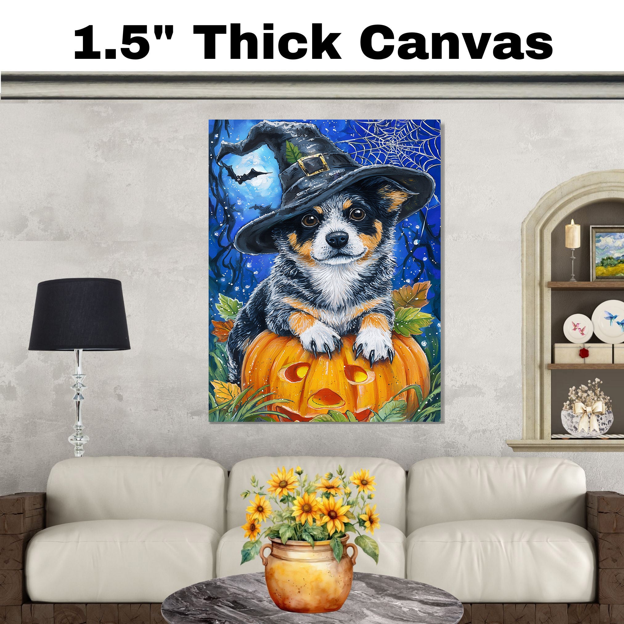 Australian Cattle Dog Wall Art Pumpkin Canvas Autumn Thanksgiving Decorations for Table Autumn Dog Lover Gifts on Ready to Hang 1.5" Thick Canvas Wrap, Floating Framed Canvas, Flat Rolled Canvas