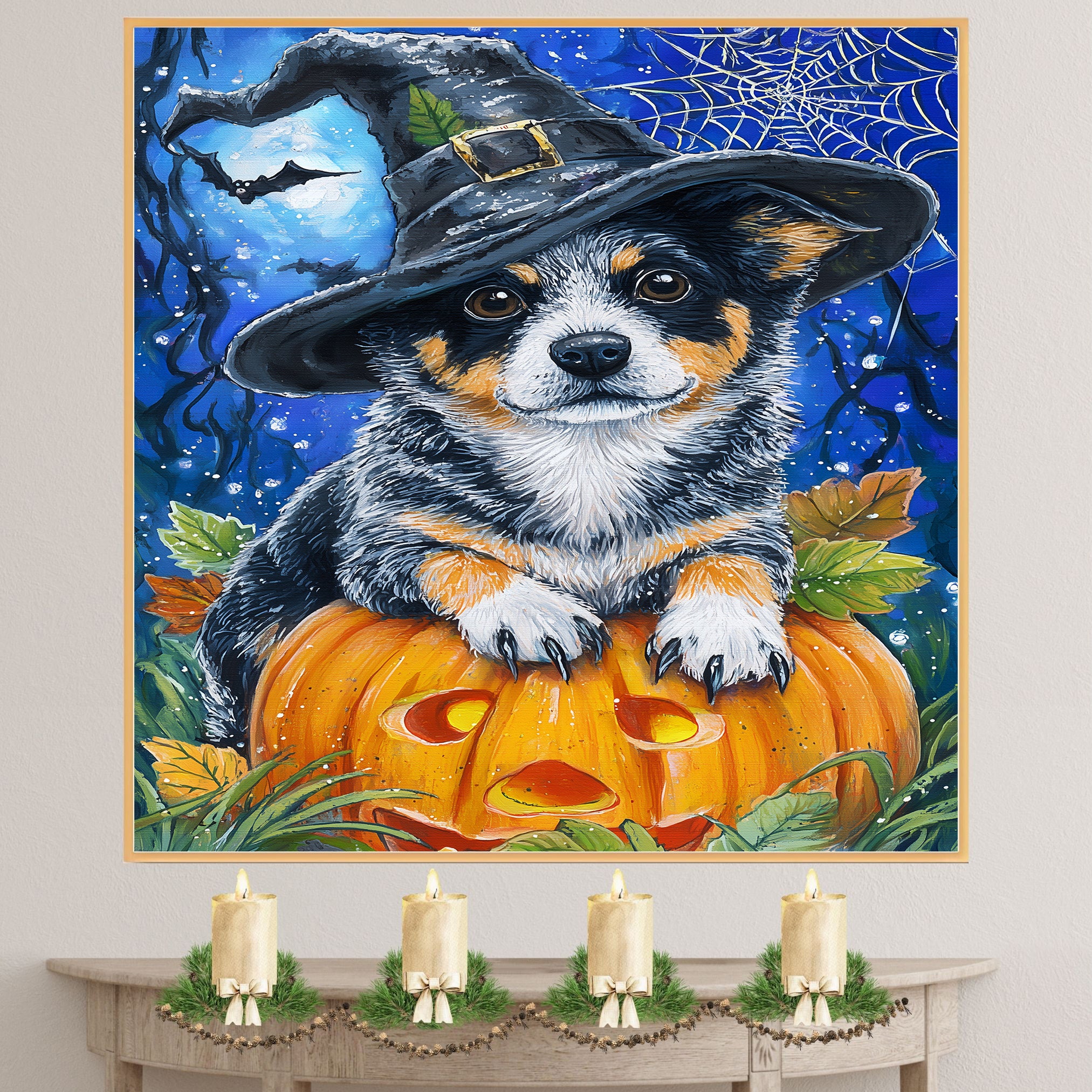 Australian Cattle Dog Wall Art Pumpkin Canvas Autumn Thanksgiving Decorations for Table Autumn Dog Lover Gifts on Ready to Hang 1.5" Thick Canvas Wrap, Floating Framed Canvas, Flat Rolled Canvas