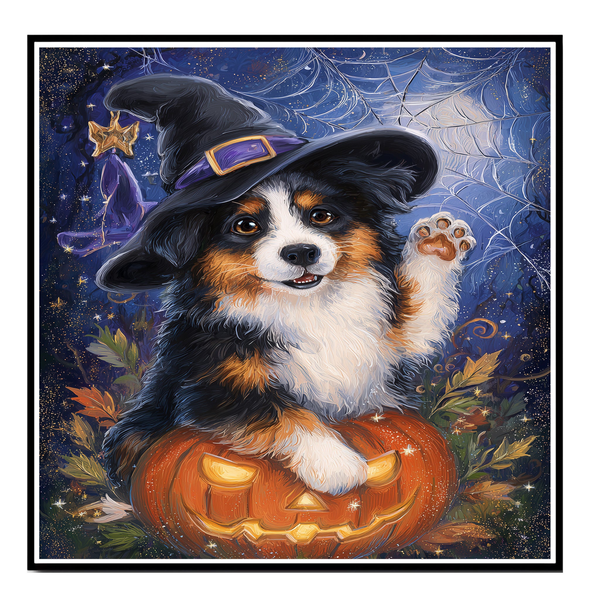 Australian Shepherd Dog Spider Web Canvas Witch Hat Pumpkin Wall Art for Women's Pet Decorative Bedroom on Ready to Hang 1.5" Thick Canvas Wrap, Floating Framed Canvas, Flat Rolled Canvas