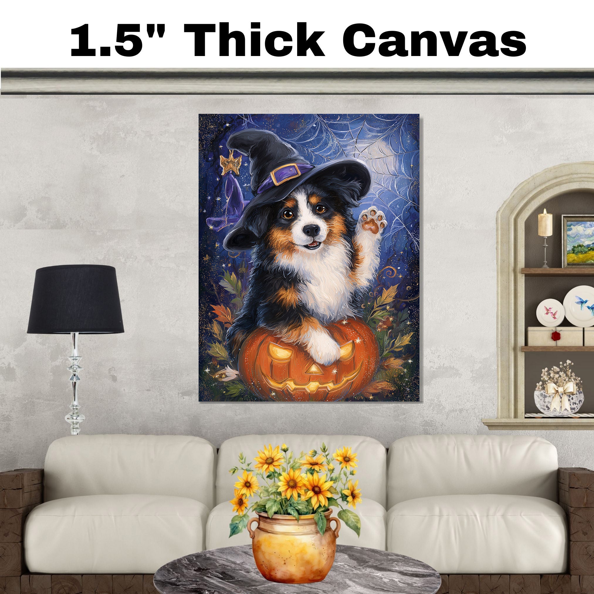 Australian Shepherd Dog Spider Web Canvas Witch Hat Pumpkin Wall Art for Women's Pet Decorative Bedroom on Ready to Hang 1.5" Thick Canvas Wrap, Floating Framed Canvas, Flat Rolled Canvas