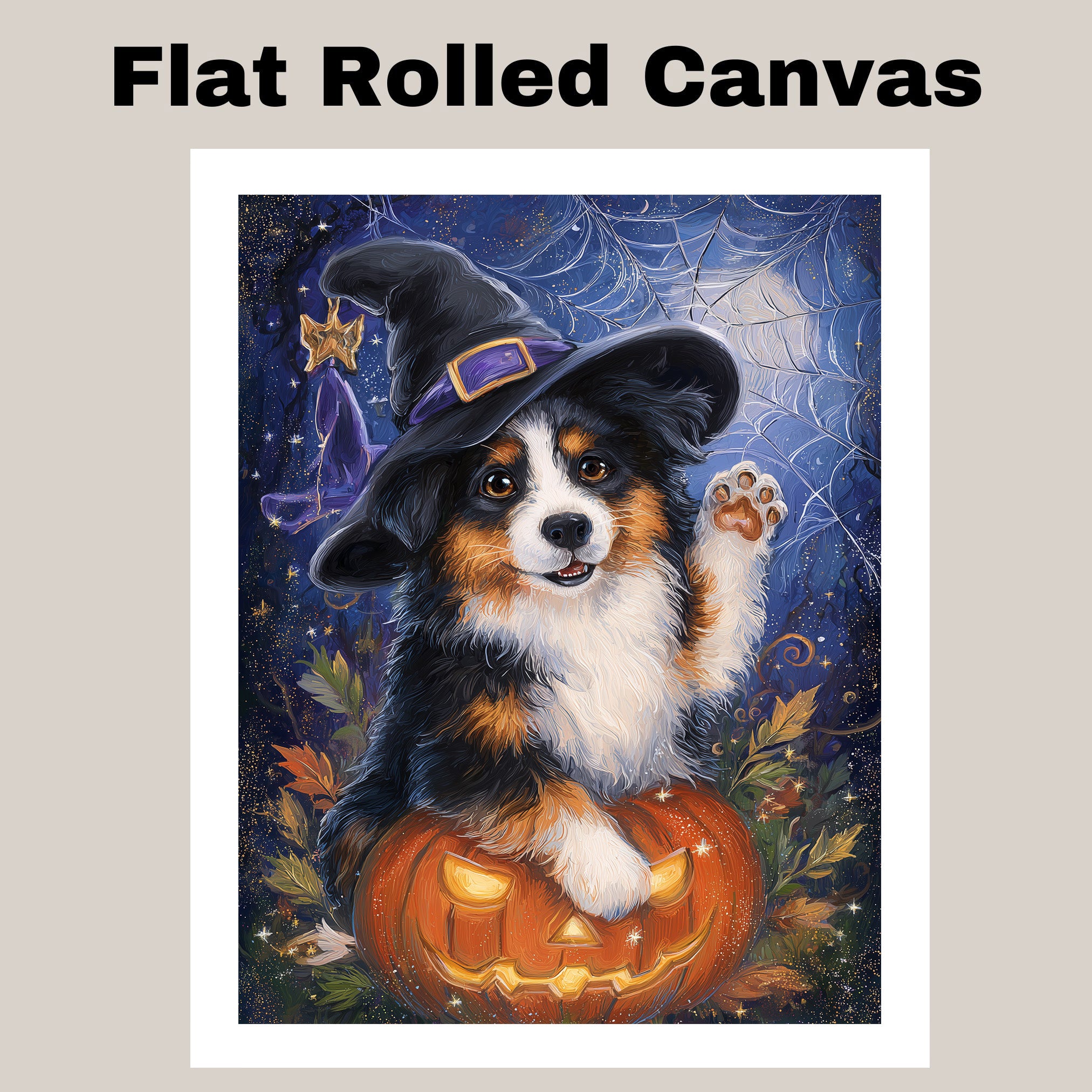 Australian Shepherd Dog Spider Web Canvas Witch Hat Pumpkin Wall Art for Women's Pet Decorative Bedroom on Ready to Hang 1.5" Thick Canvas Wrap, Floating Framed Canvas, Flat Rolled Canvas