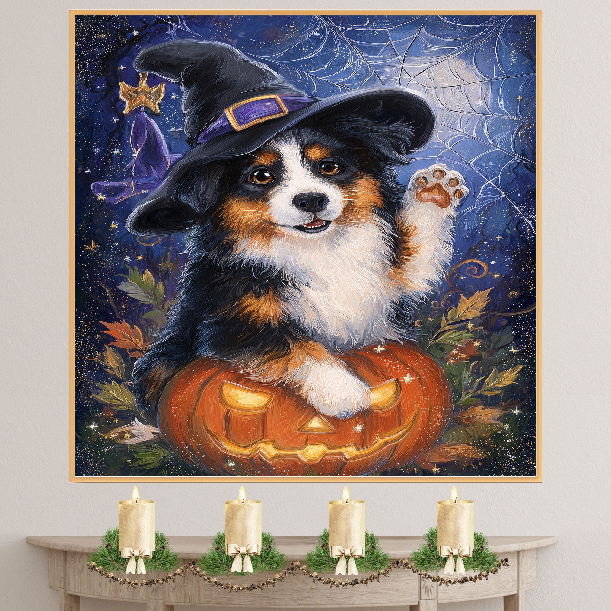 Australian Shepherd Dog Spider Web Canvas Witch Hat Pumpkin Wall Art for Women's Pet Decorative Bedroom on Ready to Hang 1.5" Thick Canvas Wrap, Floating Framed Canvas, Flat Rolled Canvas