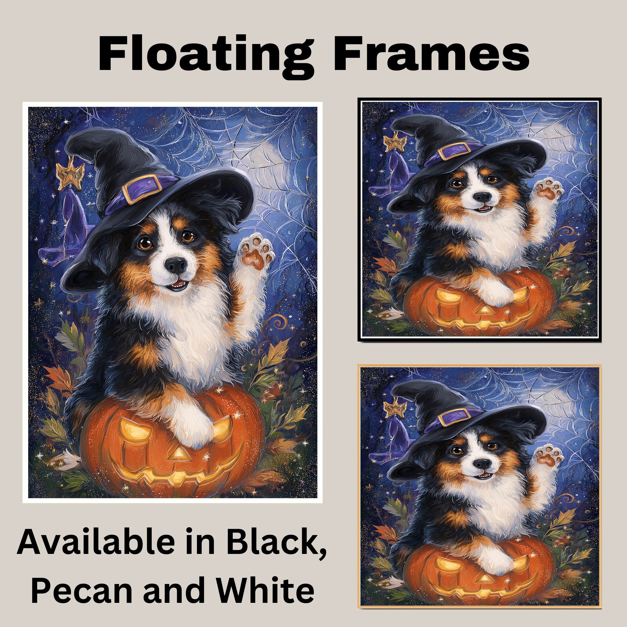Australian Shepherd Dog Spider Web Canvas Witch Hat Pumpkin Wall Art for Women's Pet Decorative Bedroom on Ready to Hang 1.5" Thick Canvas Wrap, Floating Framed Canvas, Flat Rolled Canvas