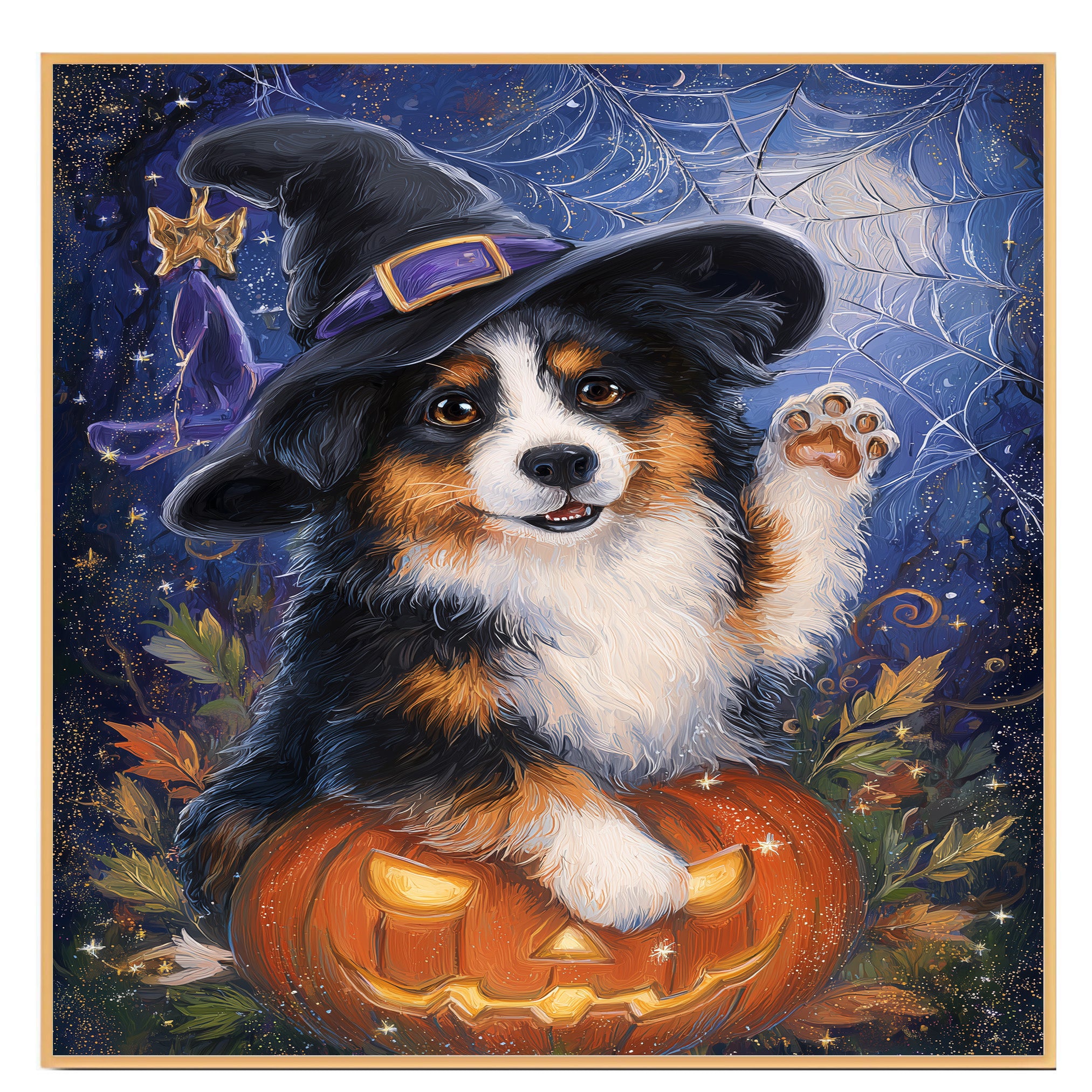 Australian Shepherd Dog Spider Web Canvas Witch Hat Pumpkin Wall Art for Women's Pet Decorative Bedroom on Ready to Hang 1.5" Thick Canvas Wrap, Floating Framed Canvas, Flat Rolled Canvas