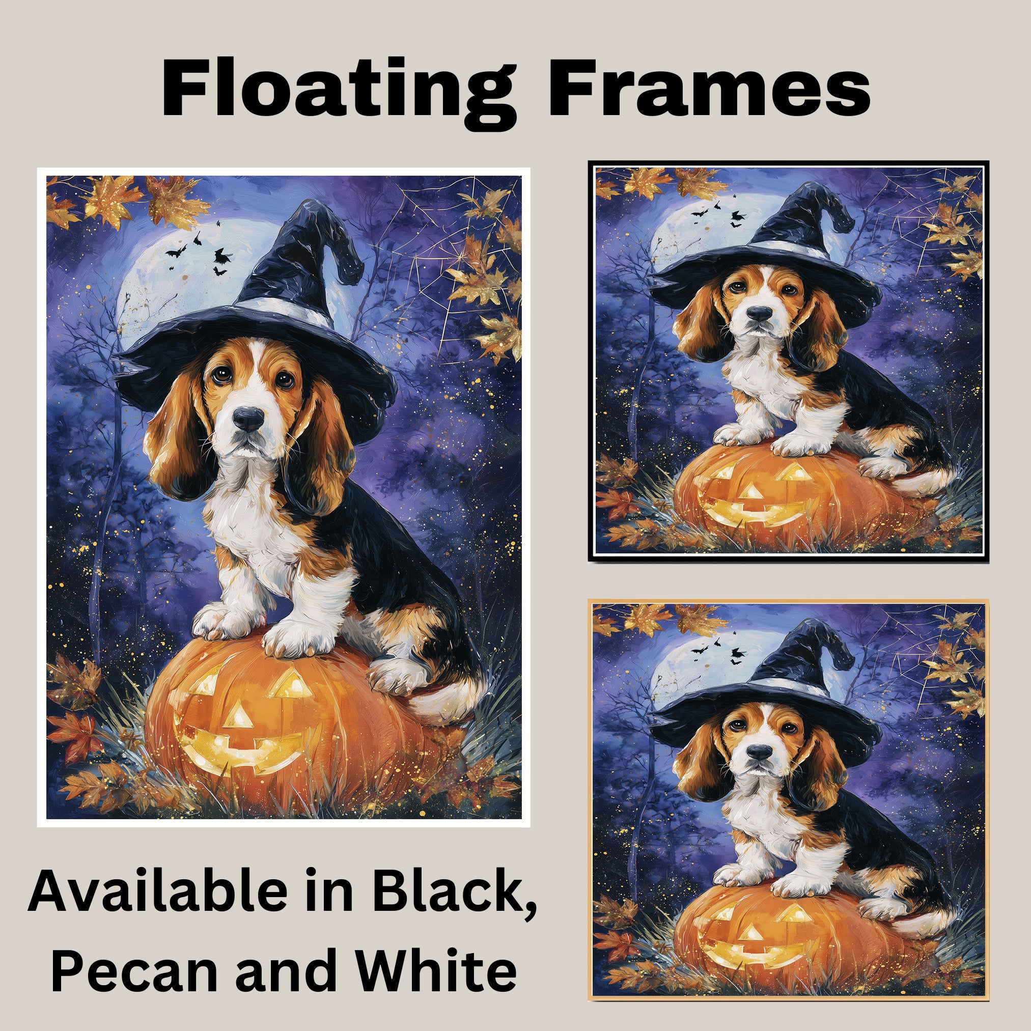 Basset Hound Puppy Halloween Canvas Dog Autumn Forest Bathroom Wall Art Painting for Living Room Decoration on Ready to Hang 1.5" Thick Canvas Wrap, Floating Framed Canvas, Flat Rolled Canvas