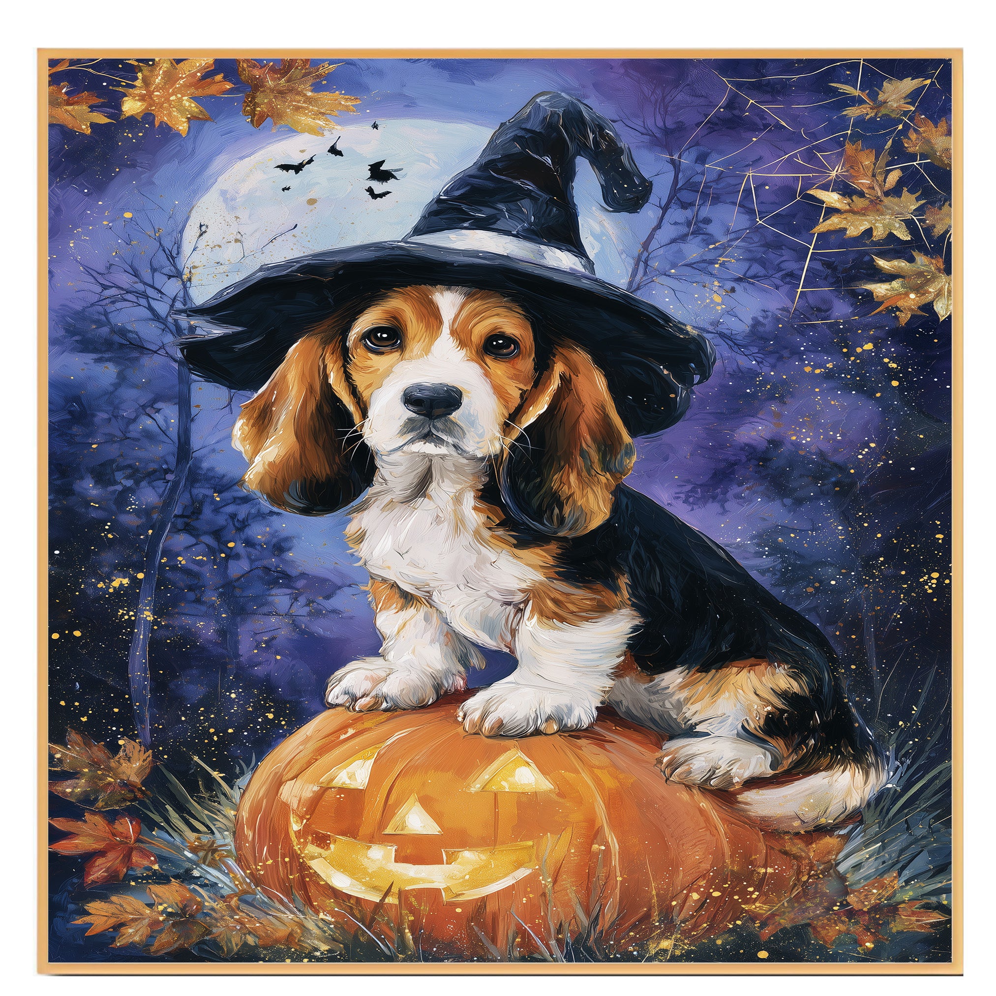 Basset Hound Puppy Halloween Canvas Dog Autumn Forest Bathroom Wall Art Painting for Living Room Decoration on Ready to Hang 1.5" Thick Canvas Wrap, Floating Framed Canvas, Flat Rolled Canvas