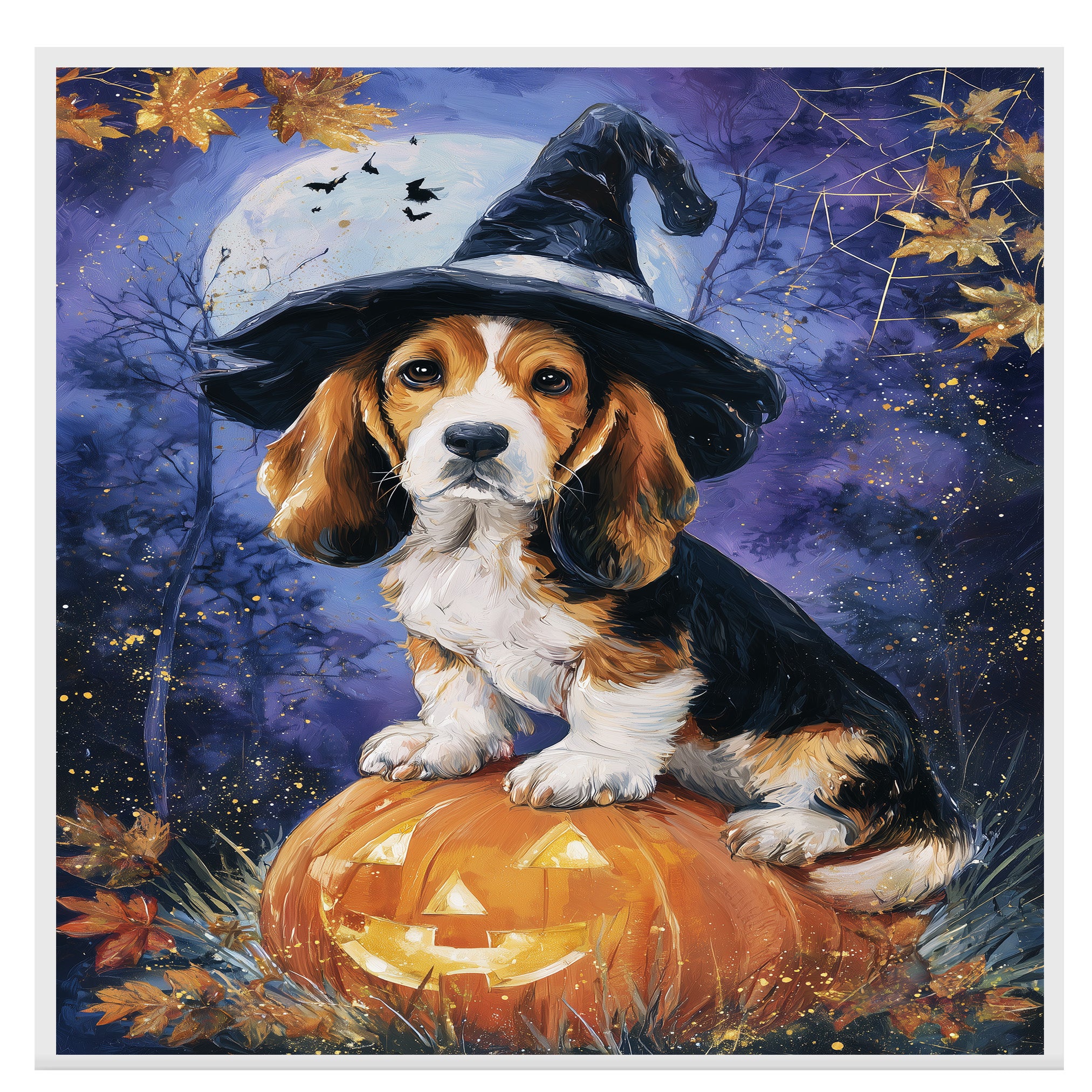 Basset Hound Puppy Halloween Canvas Dog Autumn Forest Bathroom Wall Art Painting for Living Room Decoration on Ready to Hang 1.5" Thick Canvas Wrap, Floating Framed Canvas, Flat Rolled Canvas