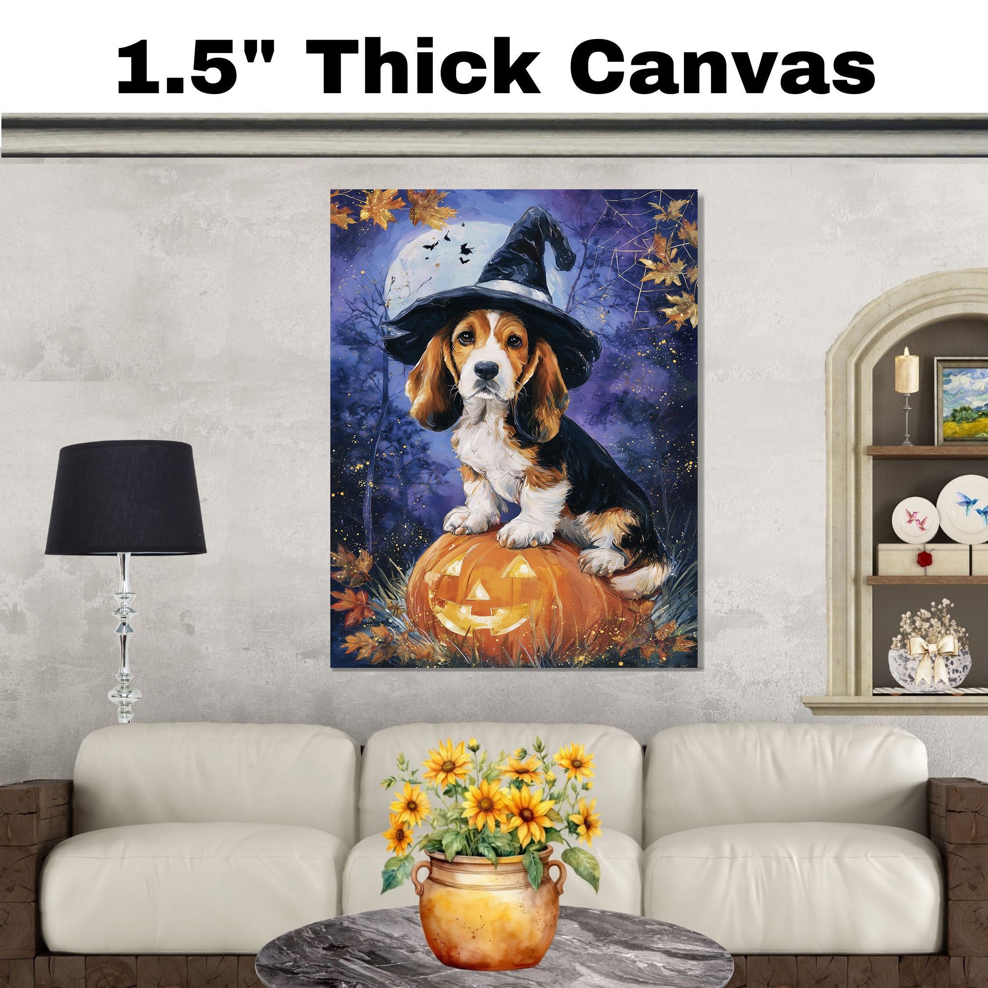 Basset Hound Puppy Halloween Canvas Dog Autumn Forest Bathroom Wall Art Painting for Living Room Decoration on Ready to Hang 1.5" Thick Canvas Wrap, Floating Framed Canvas, Flat Rolled Canvas