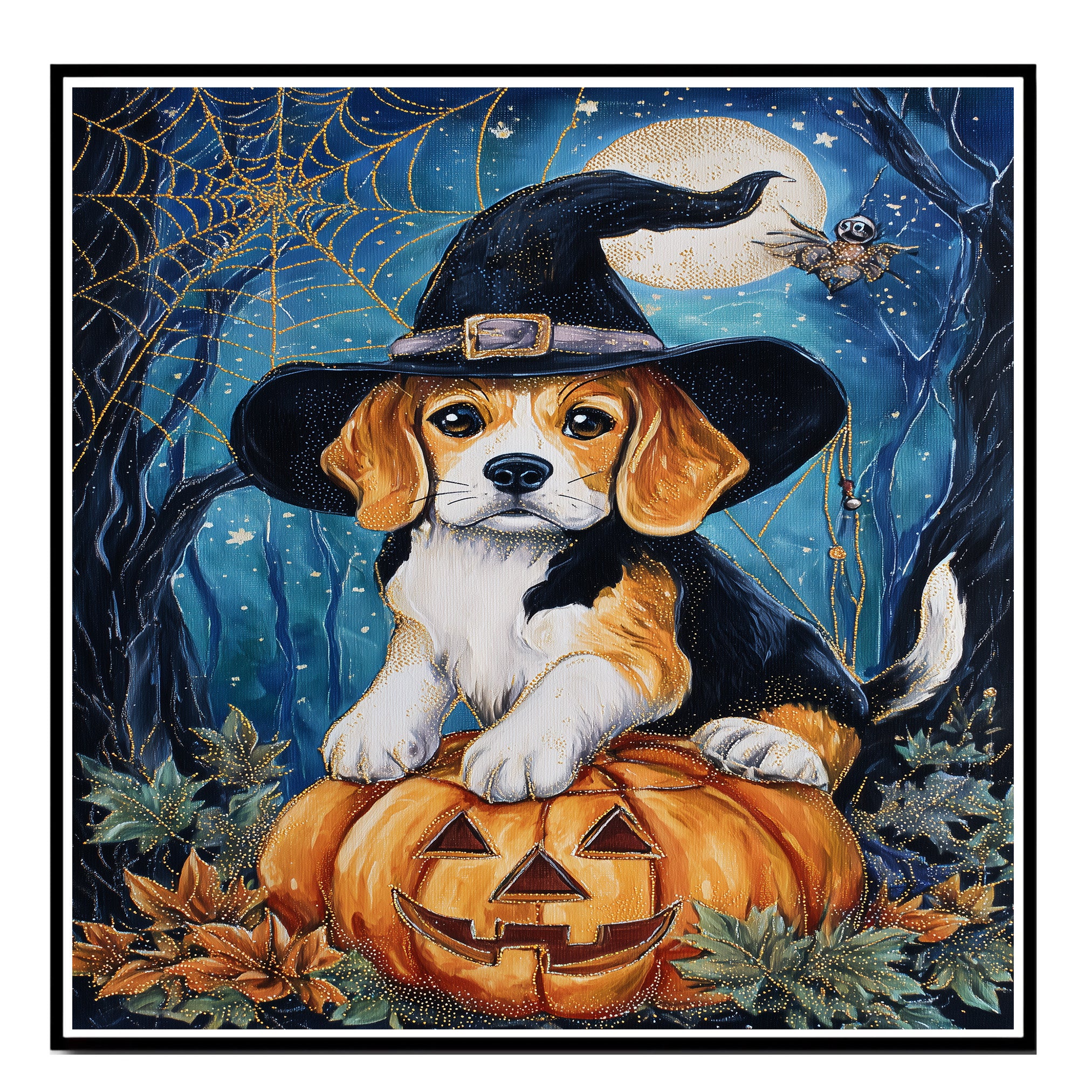 Beagle Dog Rustic Halloween Canvas Wall Art with Pumpkin Spider Web Pet Lover Decoration for Dog Dad's Home on Ready to Hang 1.5" Thick Canvas Wrap, Floating Framed Canvas, Flat Rolled Canvas
