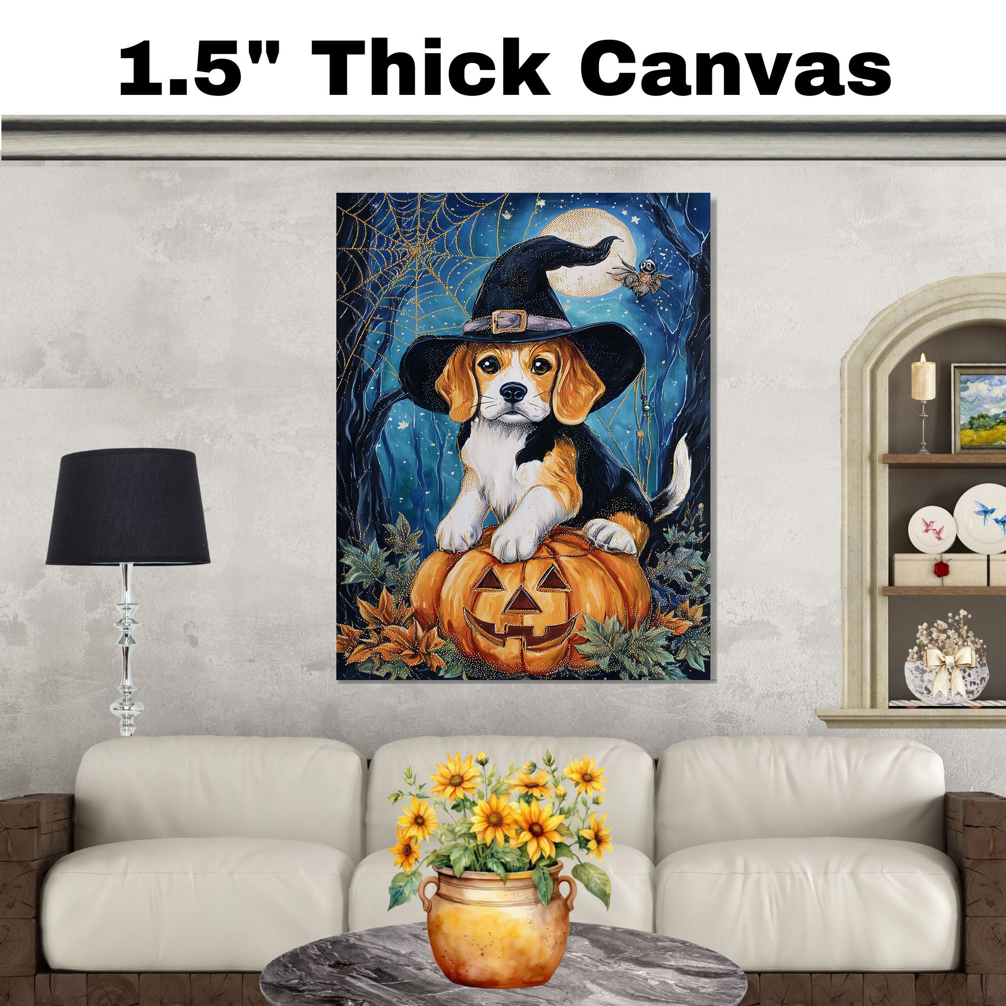 Beagle Dog Rustic Halloween Canvas Wall Art with Pumpkin Spider Web Pet Lover Decoration for Dog Dad's Home on Ready to Hang 1.5" Thick Canvas Wrap, Floating Framed Canvas, Flat Rolled Canvas