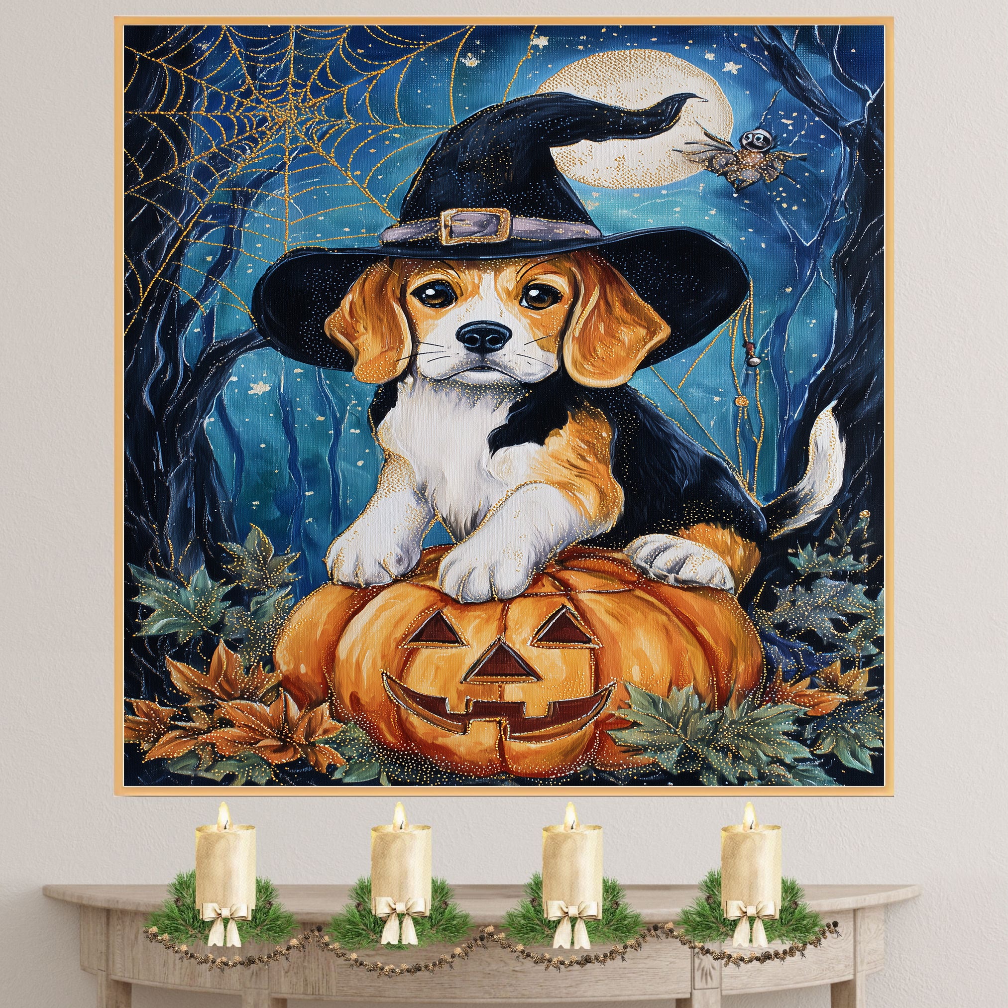 Beagle Dog Rustic Halloween Canvas Wall Art with Pumpkin Spider Web Pet Lover Decoration for Dog Dad's Home on Ready to Hang 1.5" Thick Canvas Wrap, Floating Framed Canvas, Flat Rolled Canvas