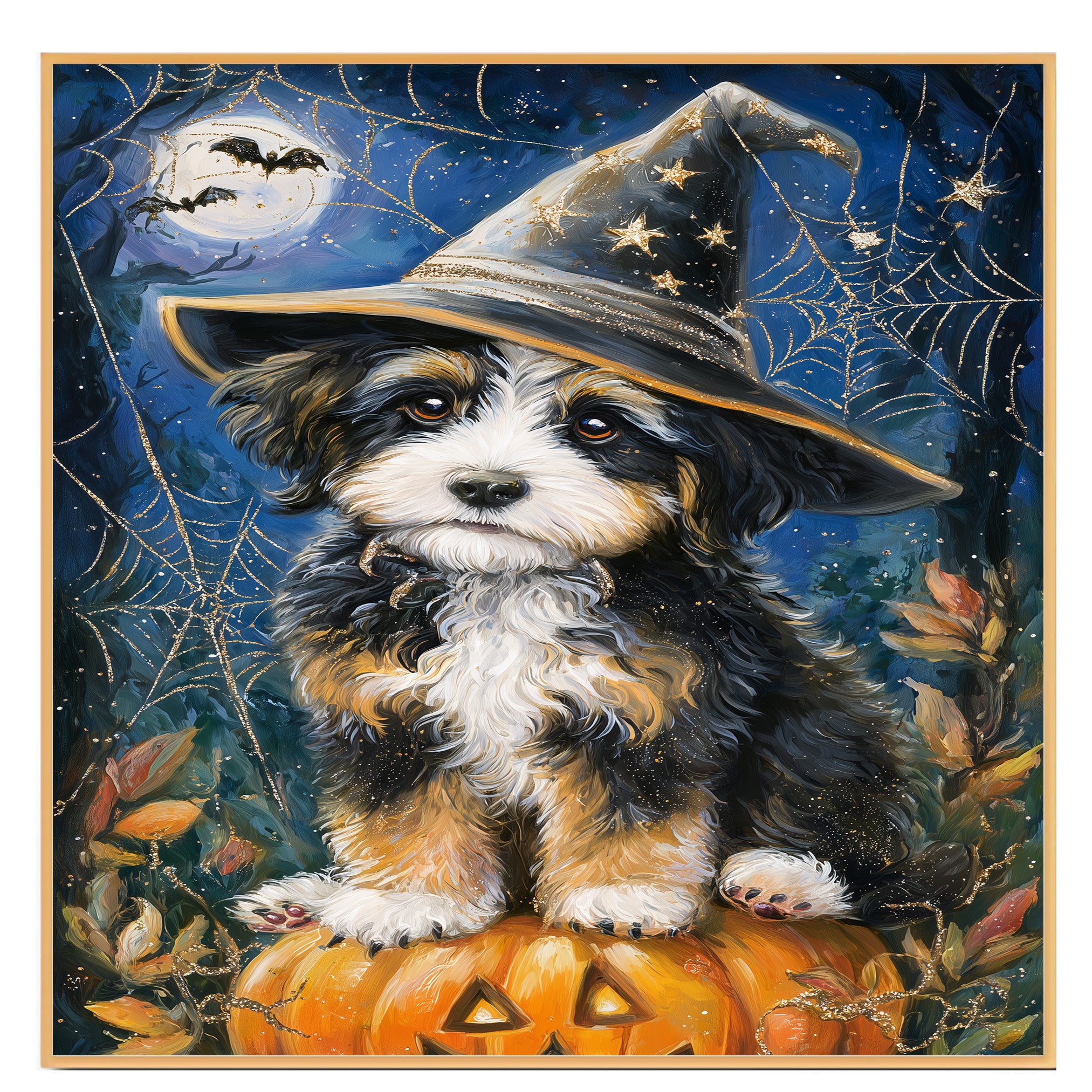 Bernedoodle Puppy Spider Web Poster Print for Thanksgiving Pet Lovers Canvas for Holiday Home Wall Decor on Ready to Hang 1.5" Thick Canvas Wrap, Floating Framed Canvas, Flat Rolled Canvas