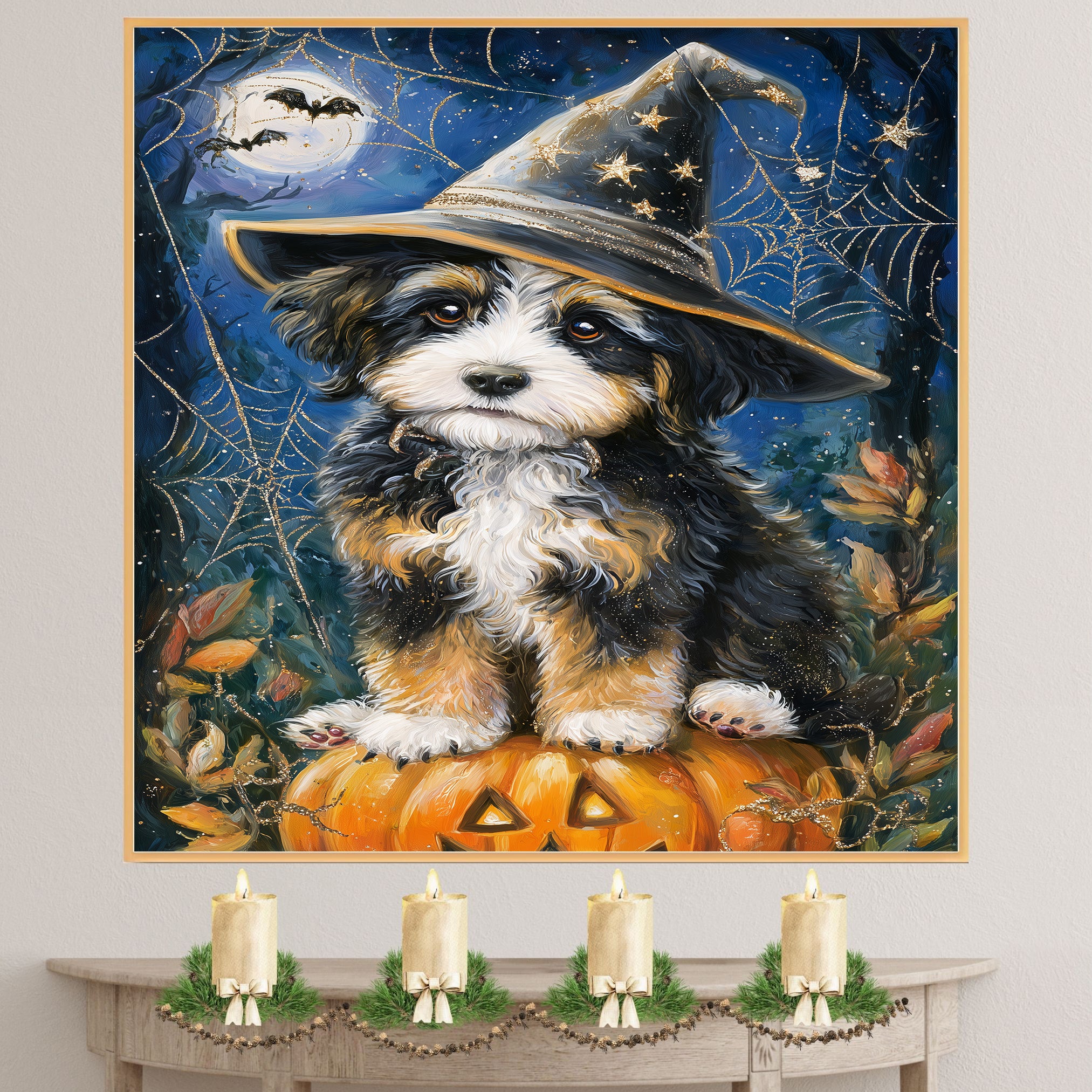 Bernedoodle Puppy Spider Web Poster Print for Thanksgiving Pet Lovers Canvas for Holiday Home Wall Decor on Ready to Hang 1.5" Thick Canvas Wrap, Floating Framed Canvas, Flat Rolled Canvas