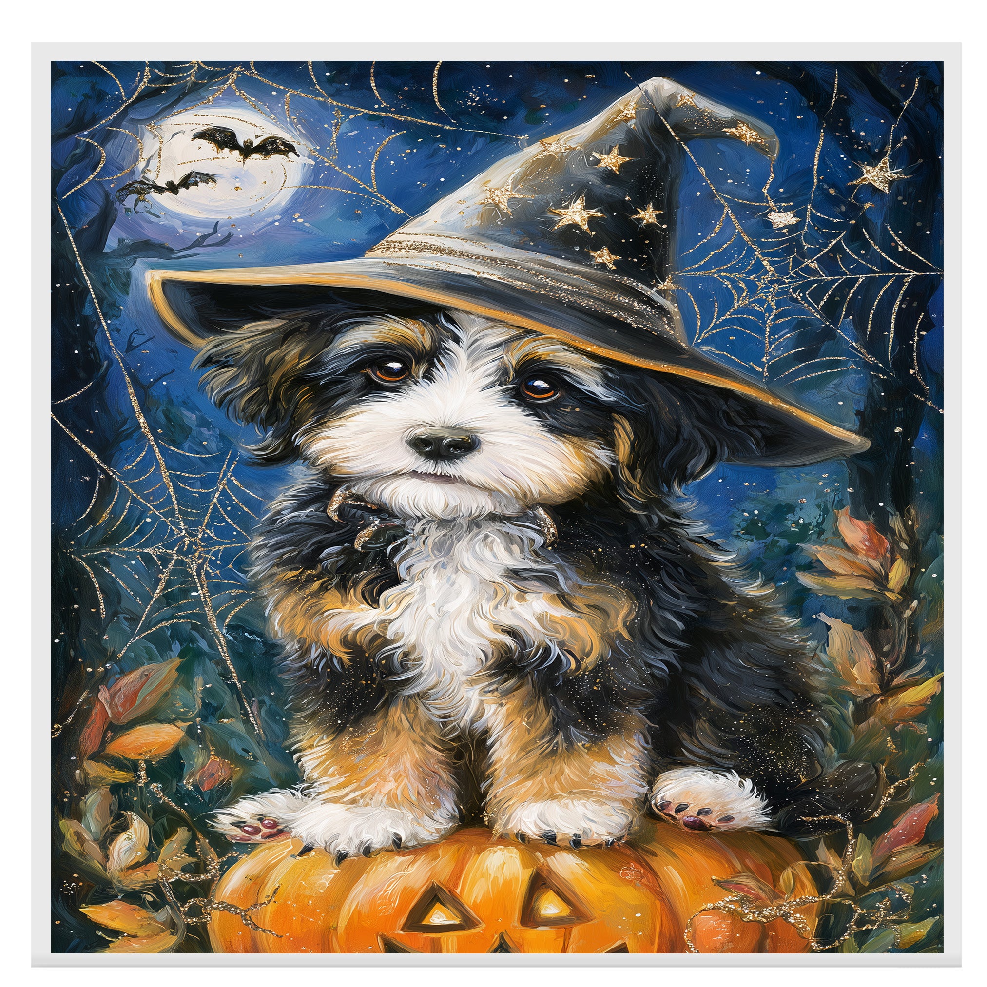 Bernedoodle Puppy Spider Web Poster Print for Thanksgiving Pet Lovers Canvas for Holiday Home Wall Decor on Ready to Hang 1.5" Thick Canvas Wrap, Floating Framed Canvas, Flat Rolled Canvas