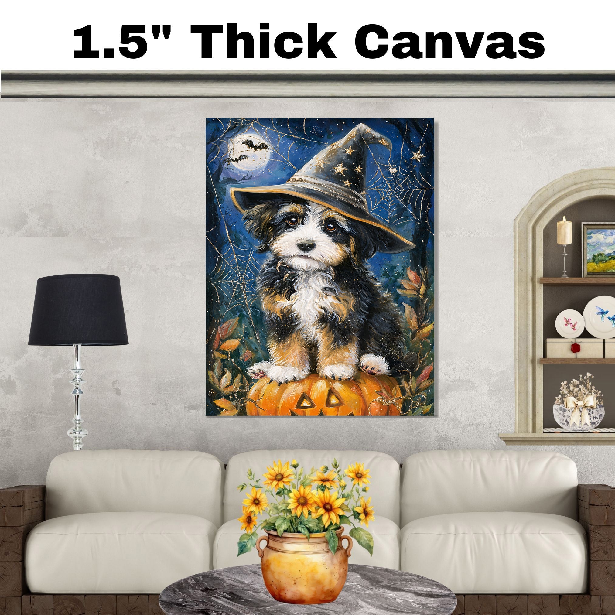 Bernedoodle Puppy Spider Web Poster Print for Thanksgiving Pet Lovers Canvas for Holiday Home Wall Decor on Ready to Hang 1.5" Thick Canvas Wrap, Floating Framed Canvas, Flat Rolled Canvas