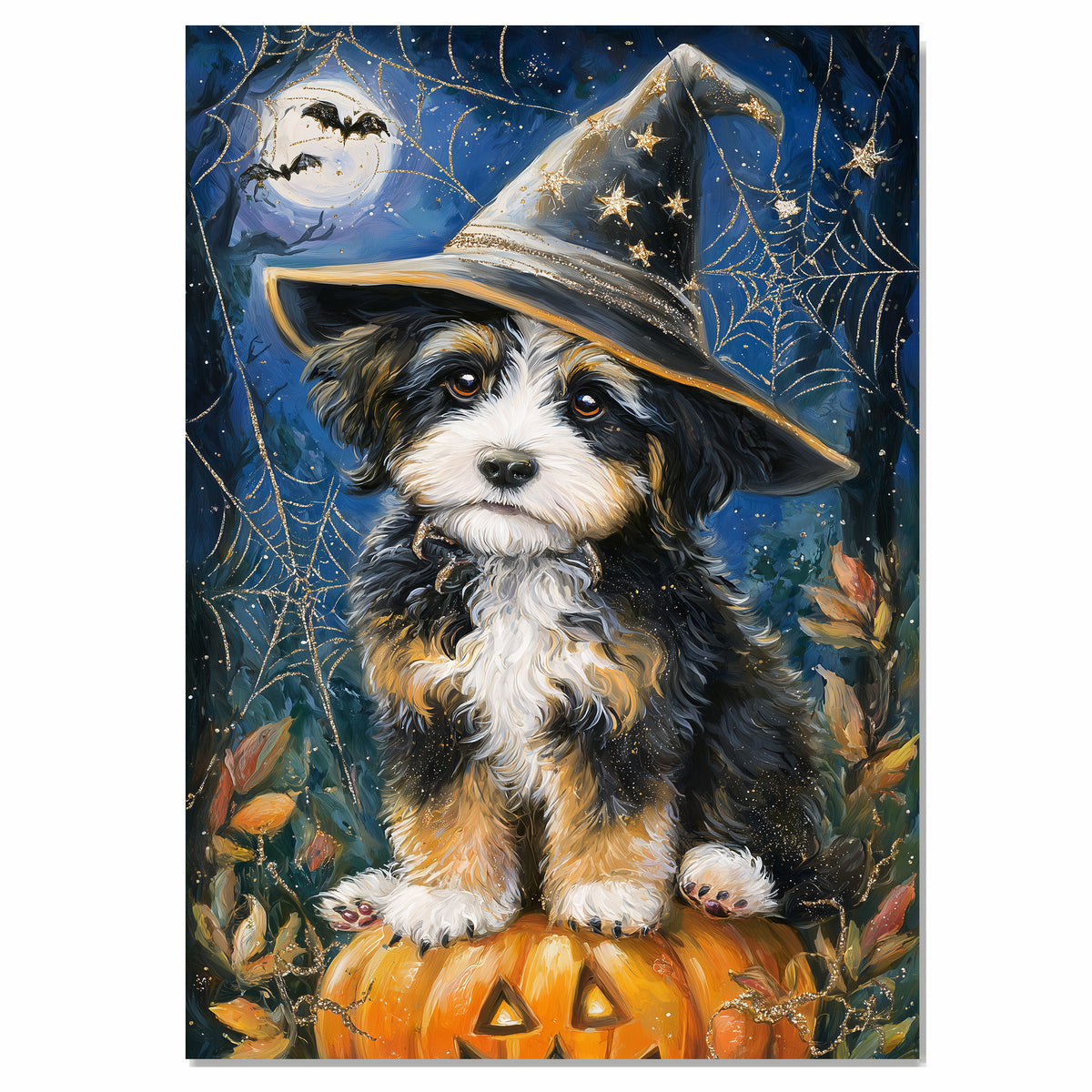 Bernedoodle Puppy Spider Web Poster Print for Thanksgiving Pet Lovers Canvas for Holiday Home Wall Decor on Ready to Hang 1.5" Thick Canvas Wrap, Floating Framed Canvas, Flat Rolled Canvas