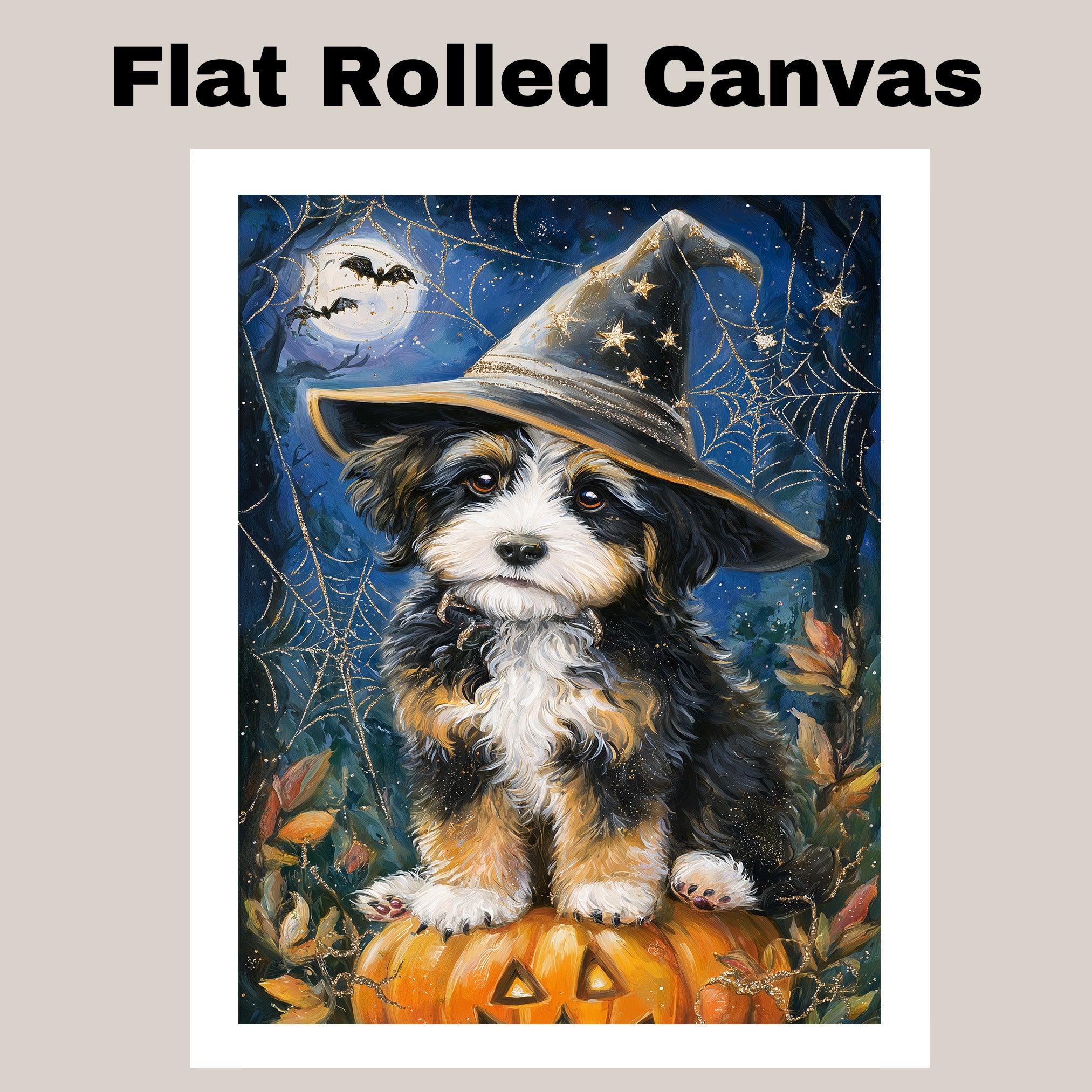 Bernedoodle Puppy Spider Web Poster Print for Thanksgiving Pet Lovers Canvas for Holiday Home Wall Decor on Ready to Hang 1.5" Thick Canvas Wrap, Floating Framed Canvas, Flat Rolled Canvas