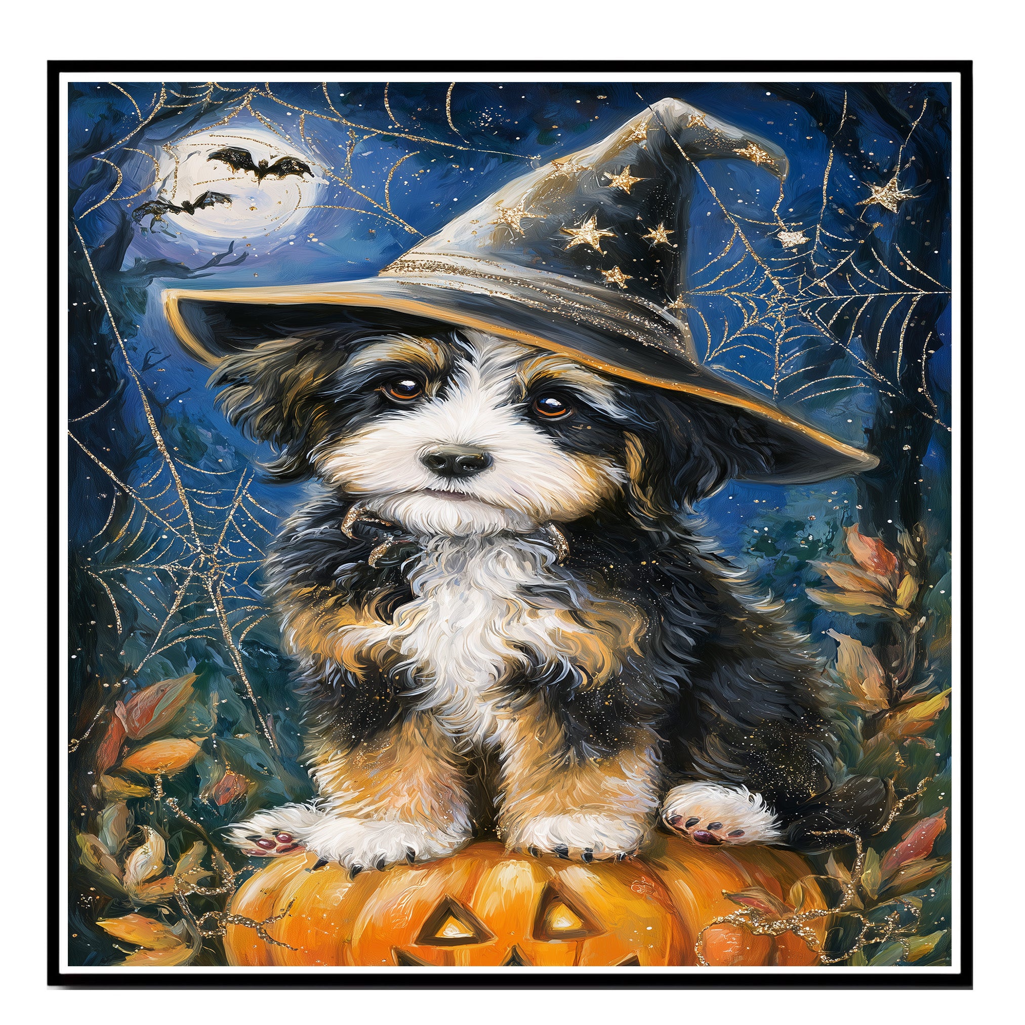 Bernedoodle Puppy Spider Web Poster Print for Thanksgiving Pet Lovers Canvas for Holiday Home Wall Decor on Ready to Hang 1.5" Thick Canvas Wrap, Floating Framed Canvas, Flat Rolled Canvas