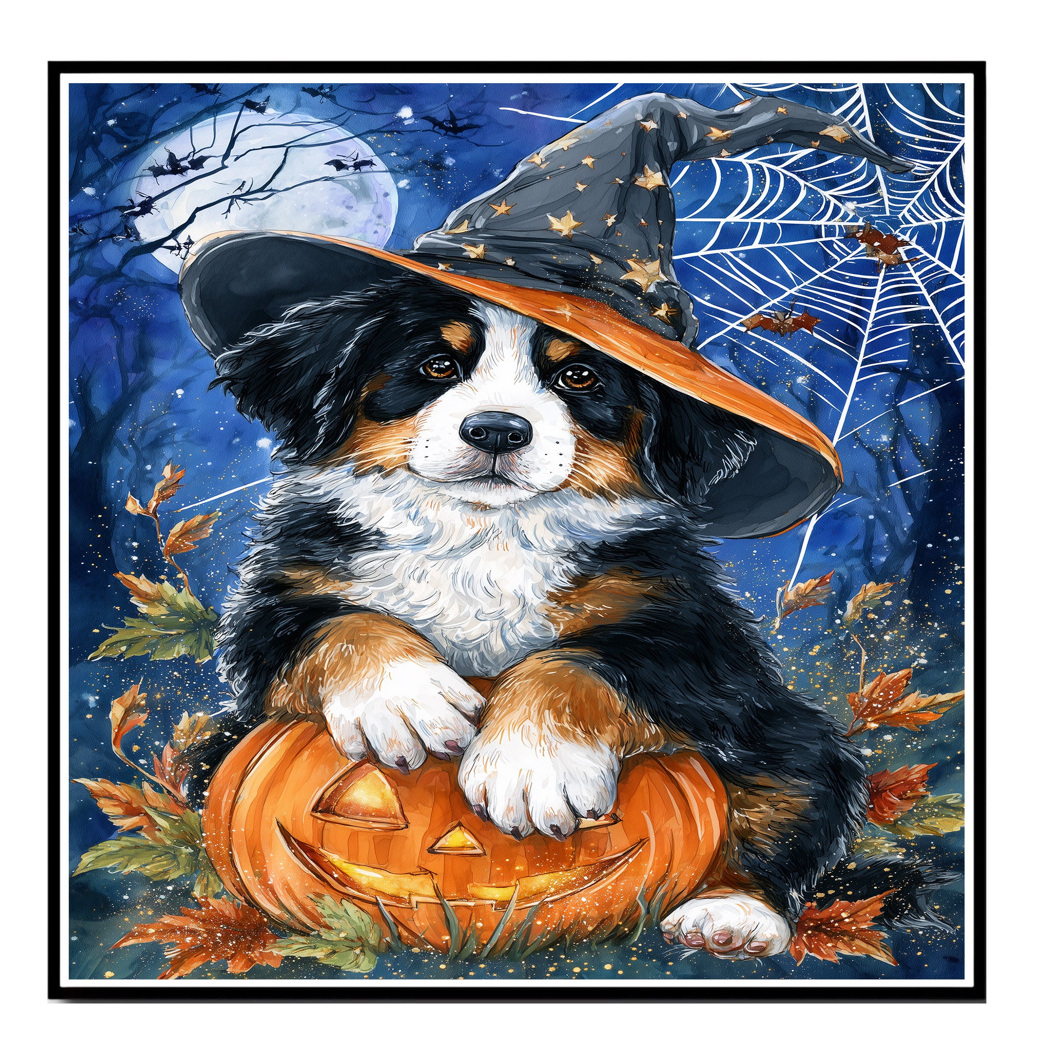 Bernese Mountain Dog Halloween Canvas Cute Witch Puppy with Pumpkin Wall Art for Dog Lovers Bedroom on Ready to Hang 1.5" Thick Canvas Wrap, Floating Framed Canvas, Flat Rolled Canvas