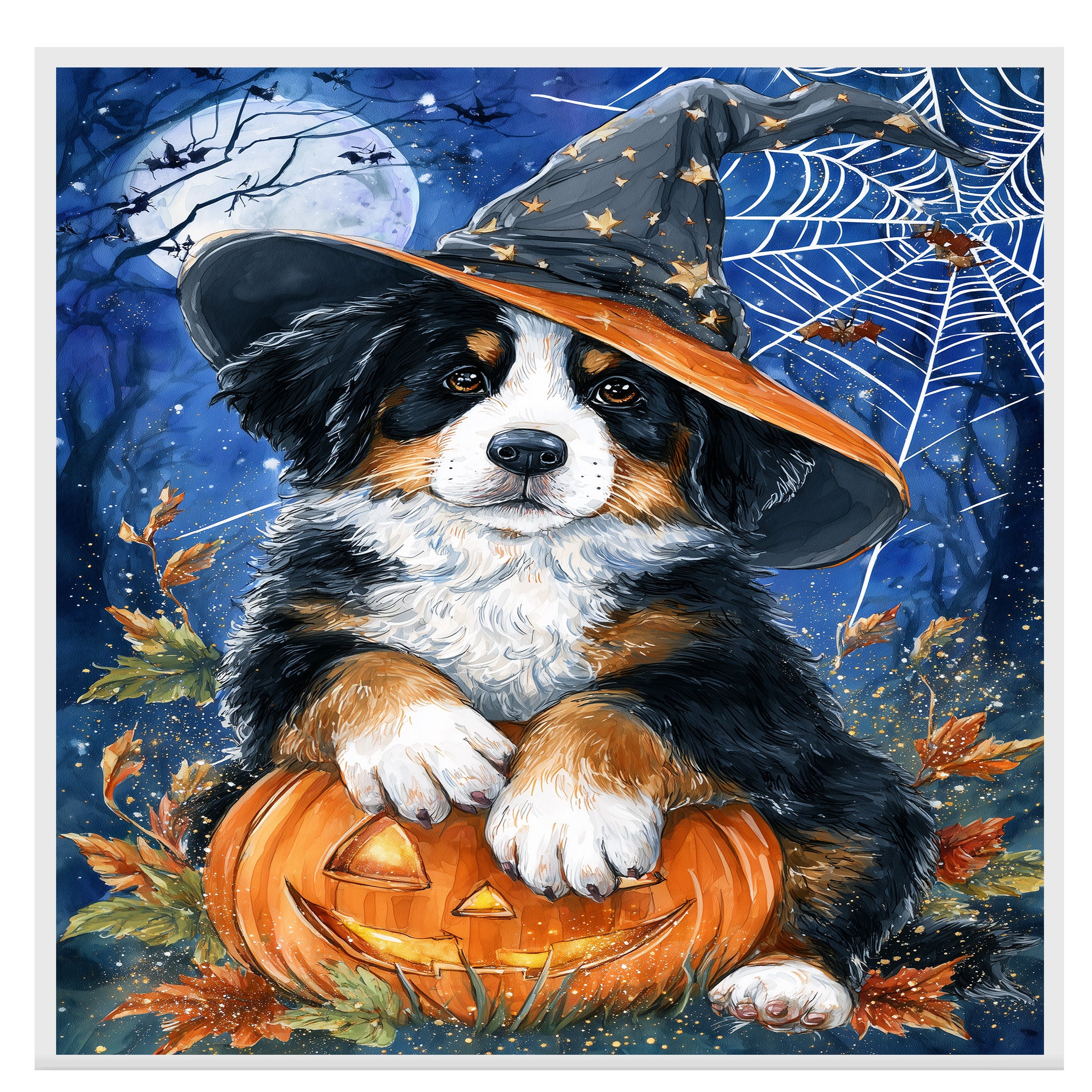 Bernese Mountain Dog Halloween Canvas Cute Witch Puppy with Pumpkin Wall Art for Dog Lovers Bedroom on Ready to Hang 1.5" Thick Canvas Wrap, Floating Framed Canvas, Flat Rolled Canvas