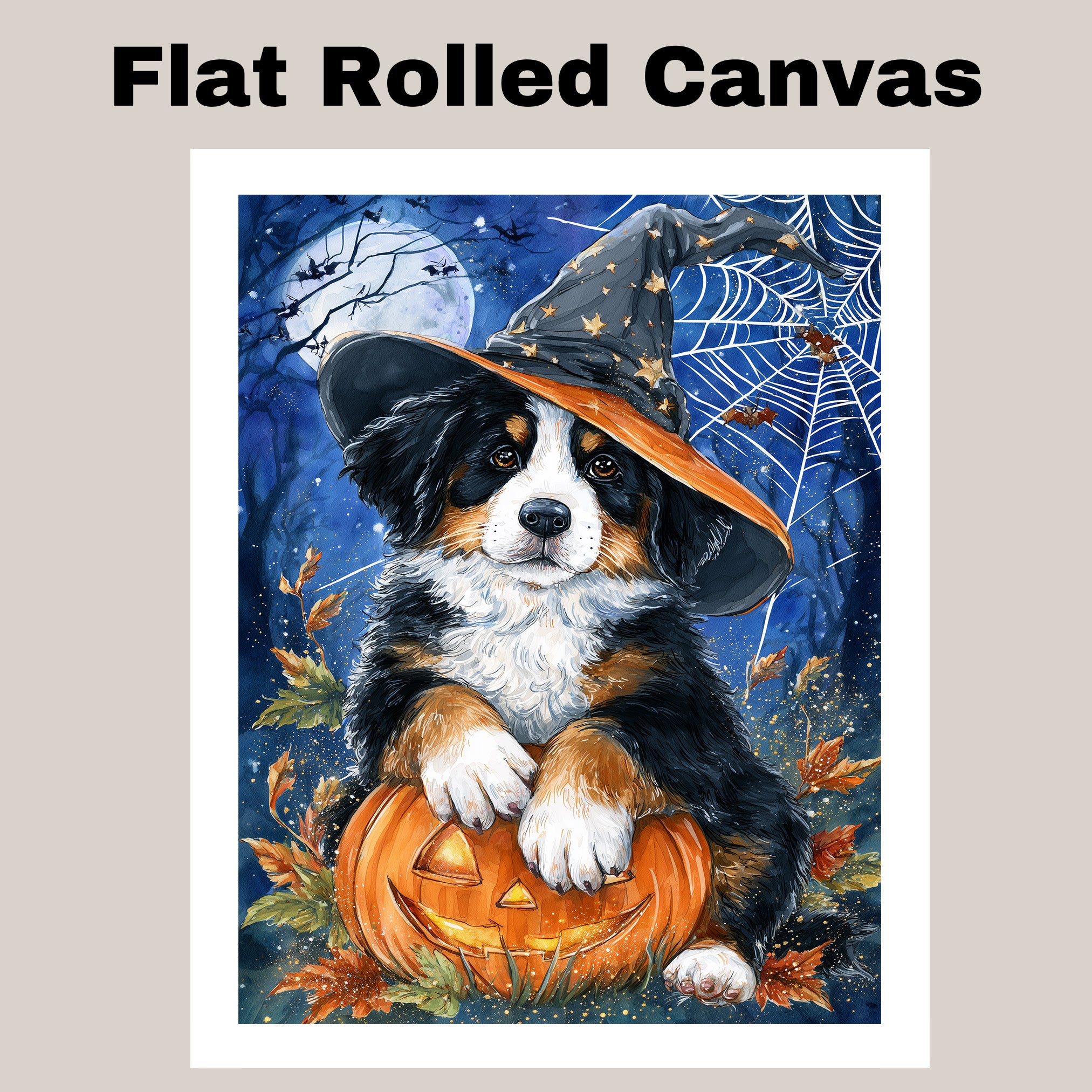 Bernese Mountain Dog Halloween Canvas Cute Witch Puppy with Pumpkin Wall Art for Dog Lovers Bedroom on Ready to Hang 1.5" Thick Canvas Wrap, Floating Framed Canvas, Flat Rolled Canvas