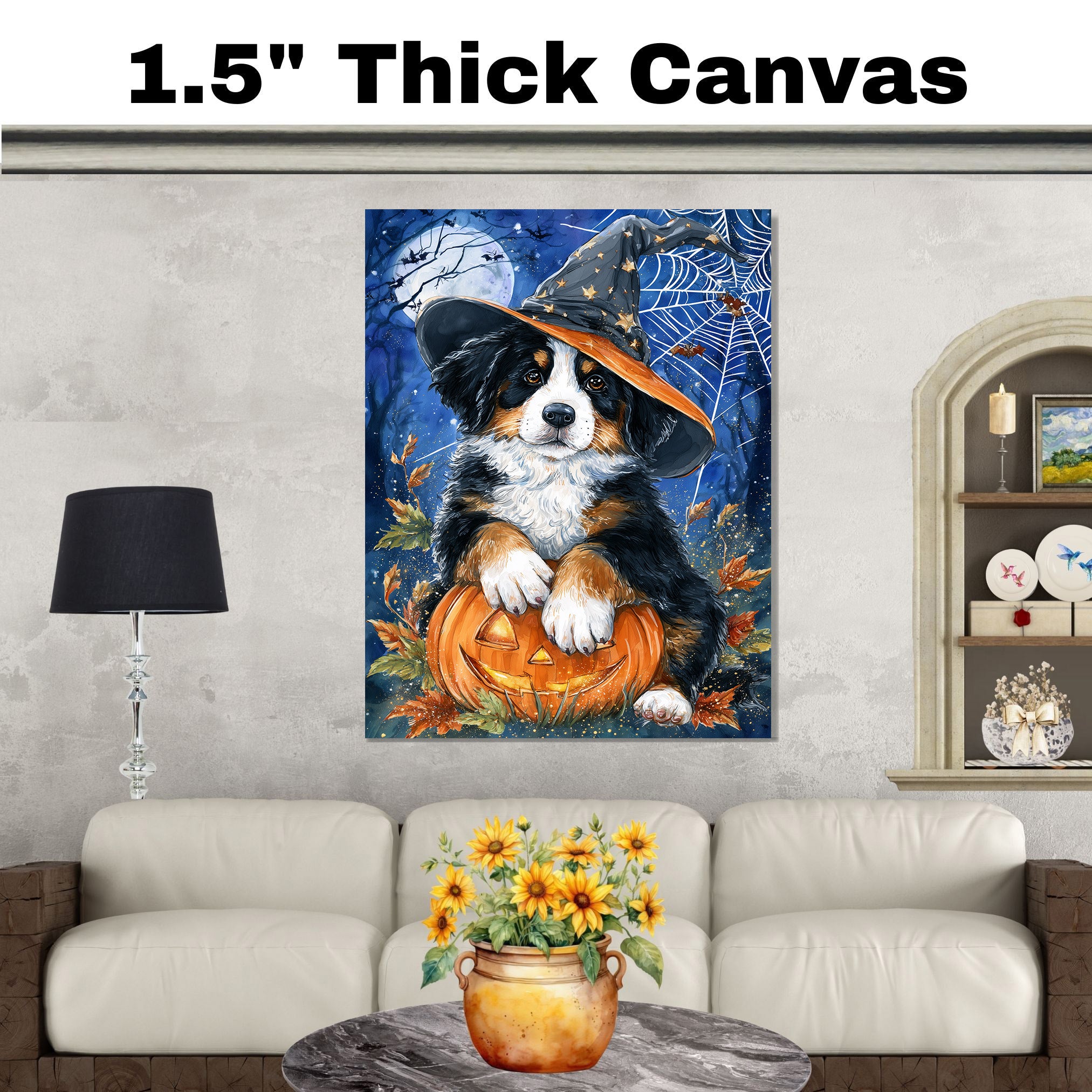 Bernese Mountain Dog Halloween Canvas Cute Witch Puppy with Pumpkin Wall Art for Dog Lovers Bedroom on Ready to Hang 1.5" Thick Canvas Wrap, Floating Framed Canvas, Flat Rolled Canvas